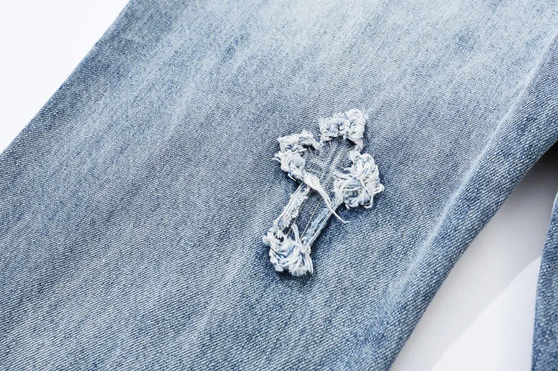 Frayed Cross Patch Denim Jeans