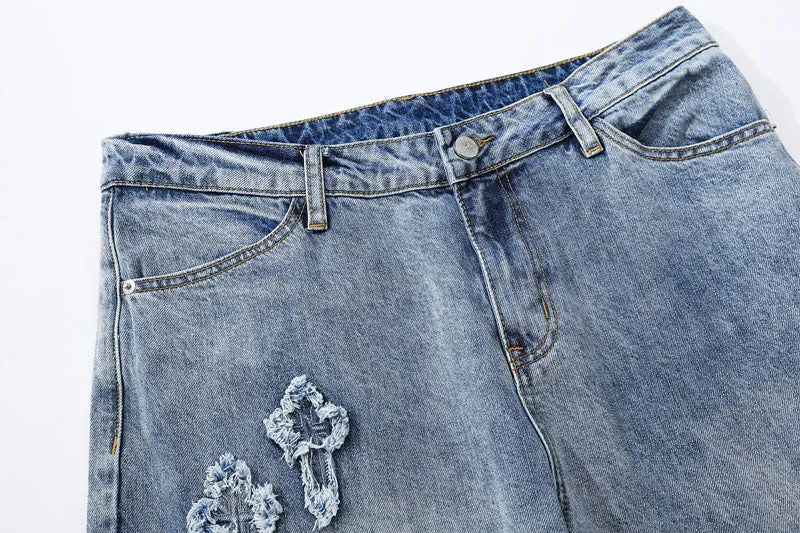 Frayed Cross Patch Denim Jeans