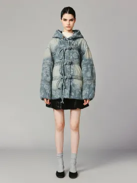 Frog button denim jacquard puffer jacket