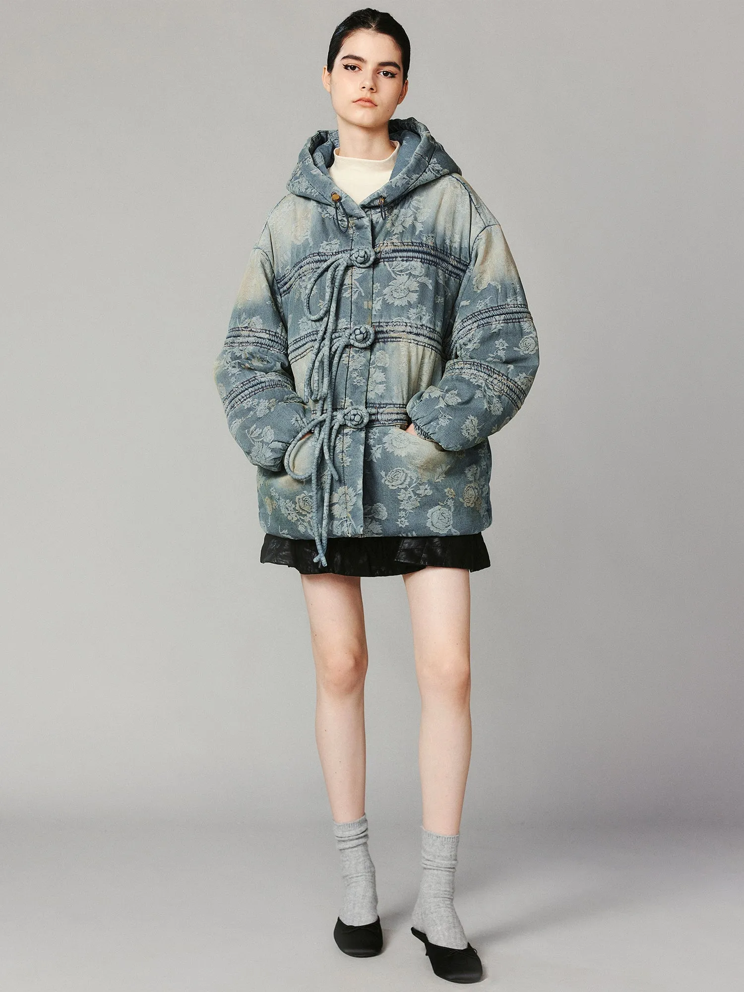 Frog button denim jacquard puffer jacket