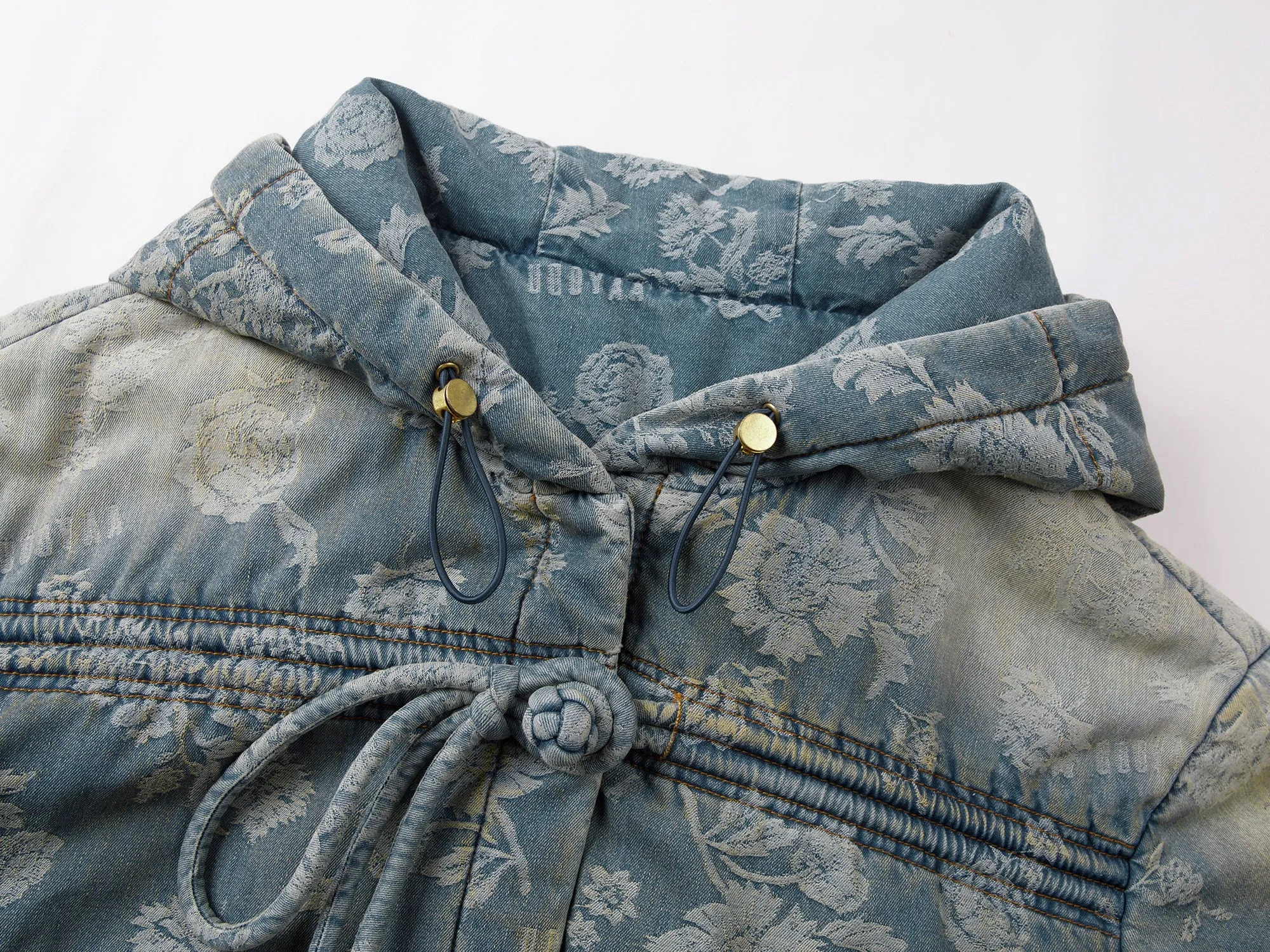 Frog button denim jacquard puffer jacket