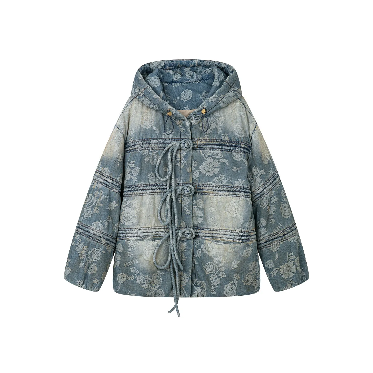 Frog button denim jacquard puffer jacket