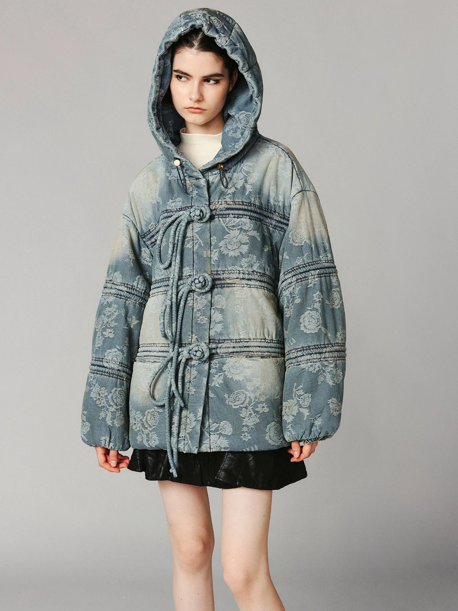 Frog button denim jacquard puffer jacket