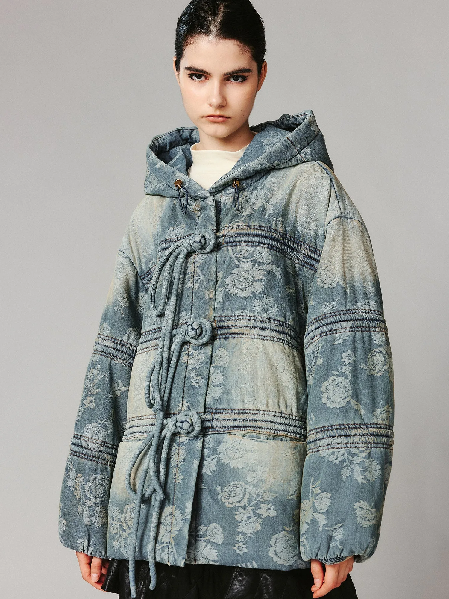 Frog button denim jacquard puffer jacket