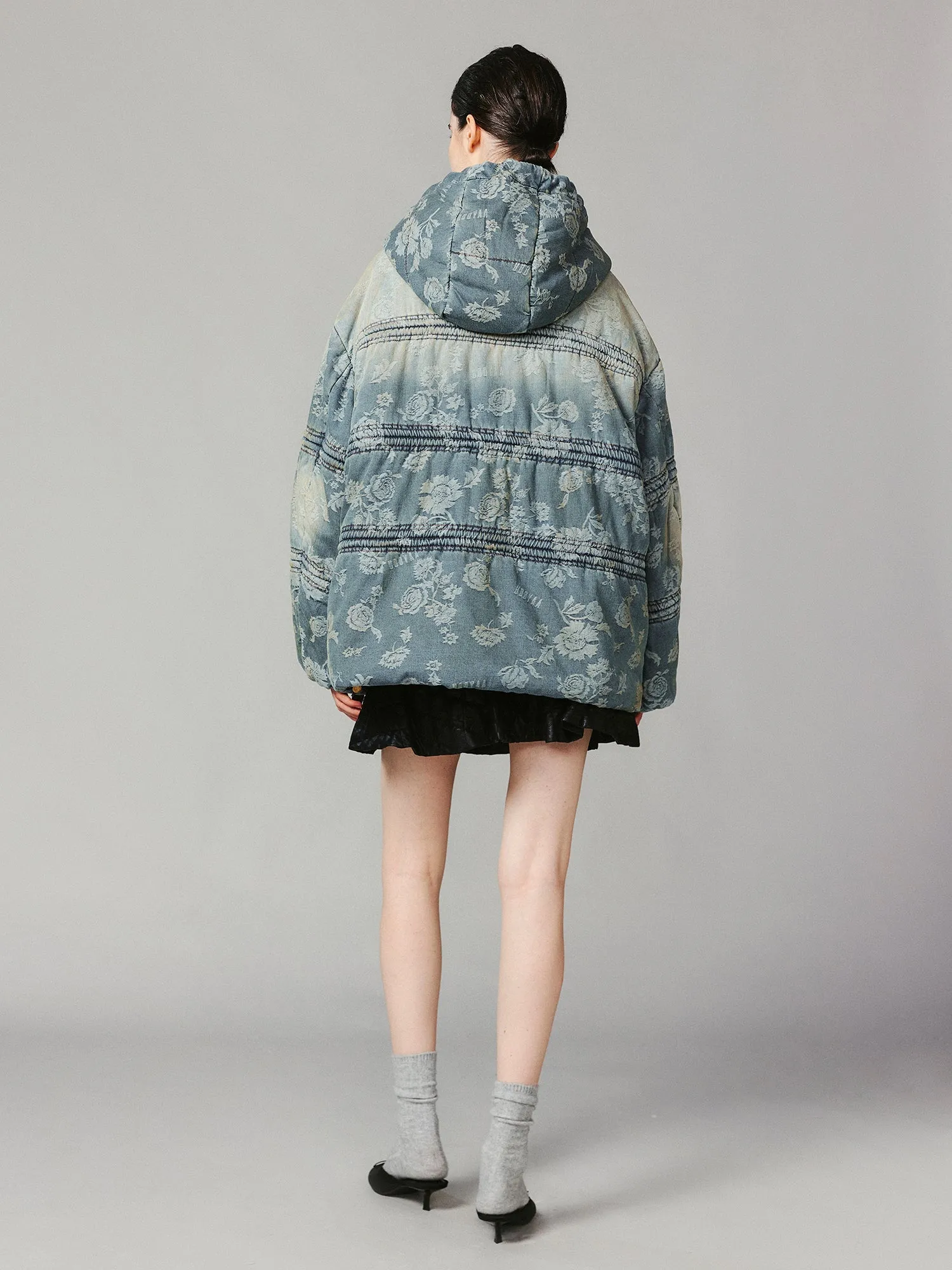 Frog button denim jacquard puffer jacket