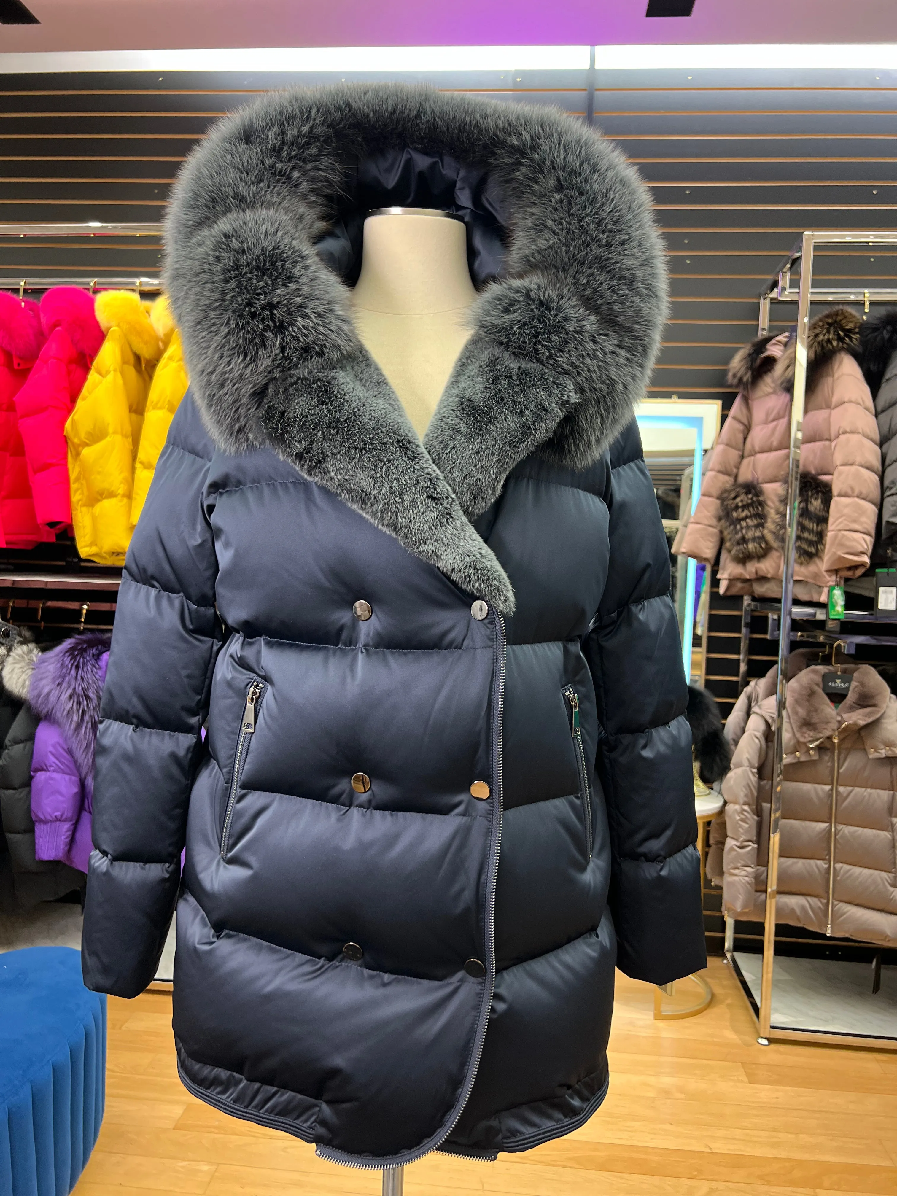 Genuine Silver Fox and Rex Rabbit Fur Down Fill Coat