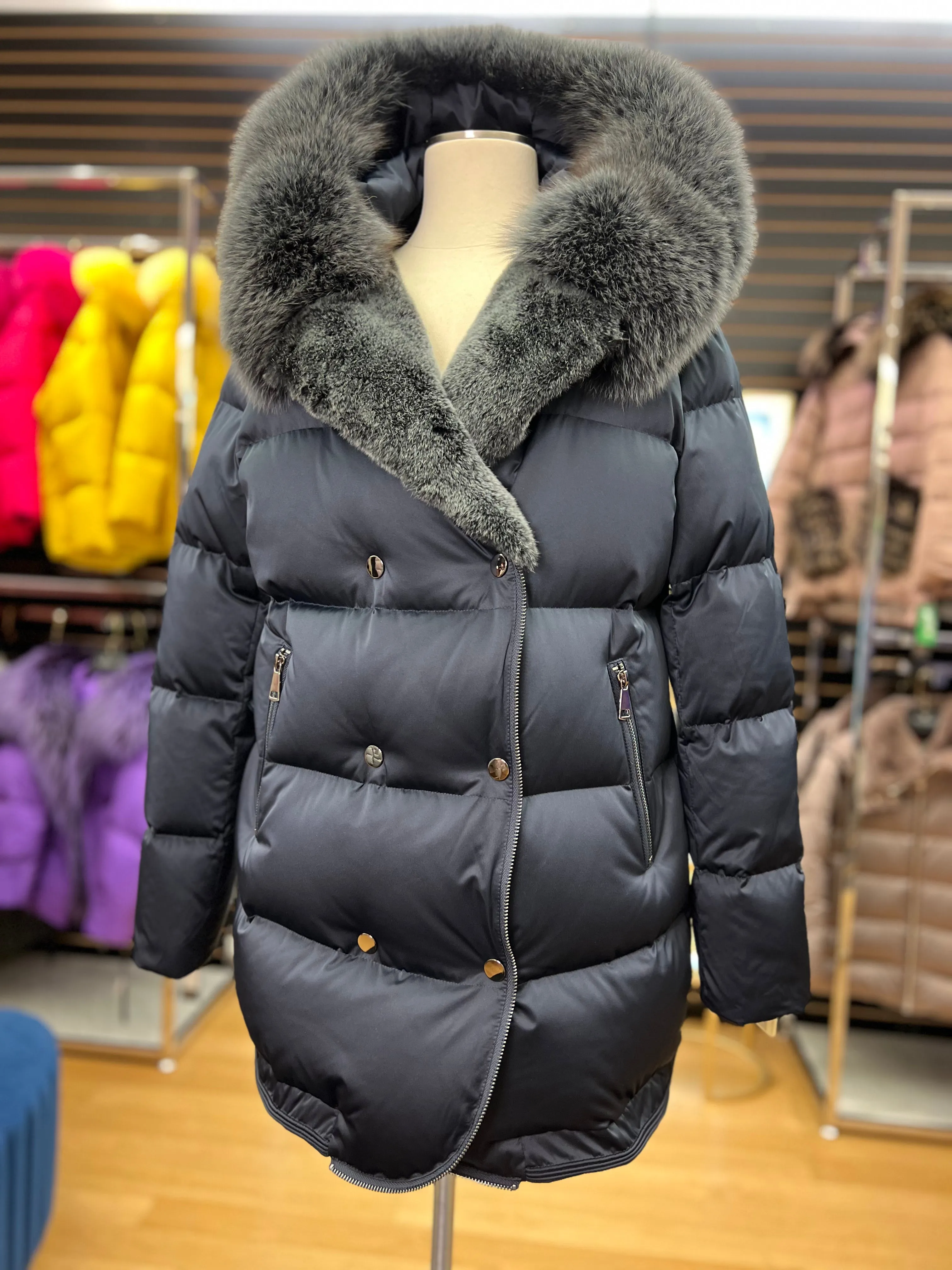 Genuine Silver Fox and Rex Rabbit Fur Down Fill Coat