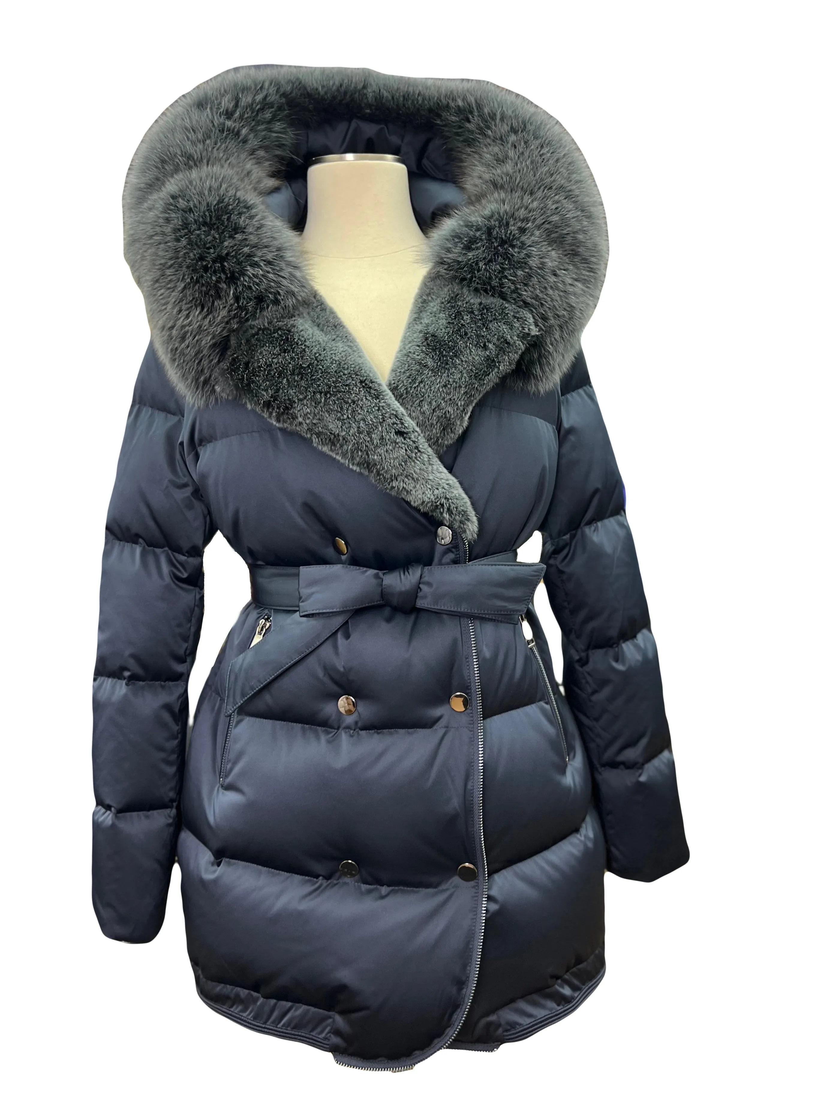 Genuine Silver Fox and Rex Rabbit Fur Down Fill Coat