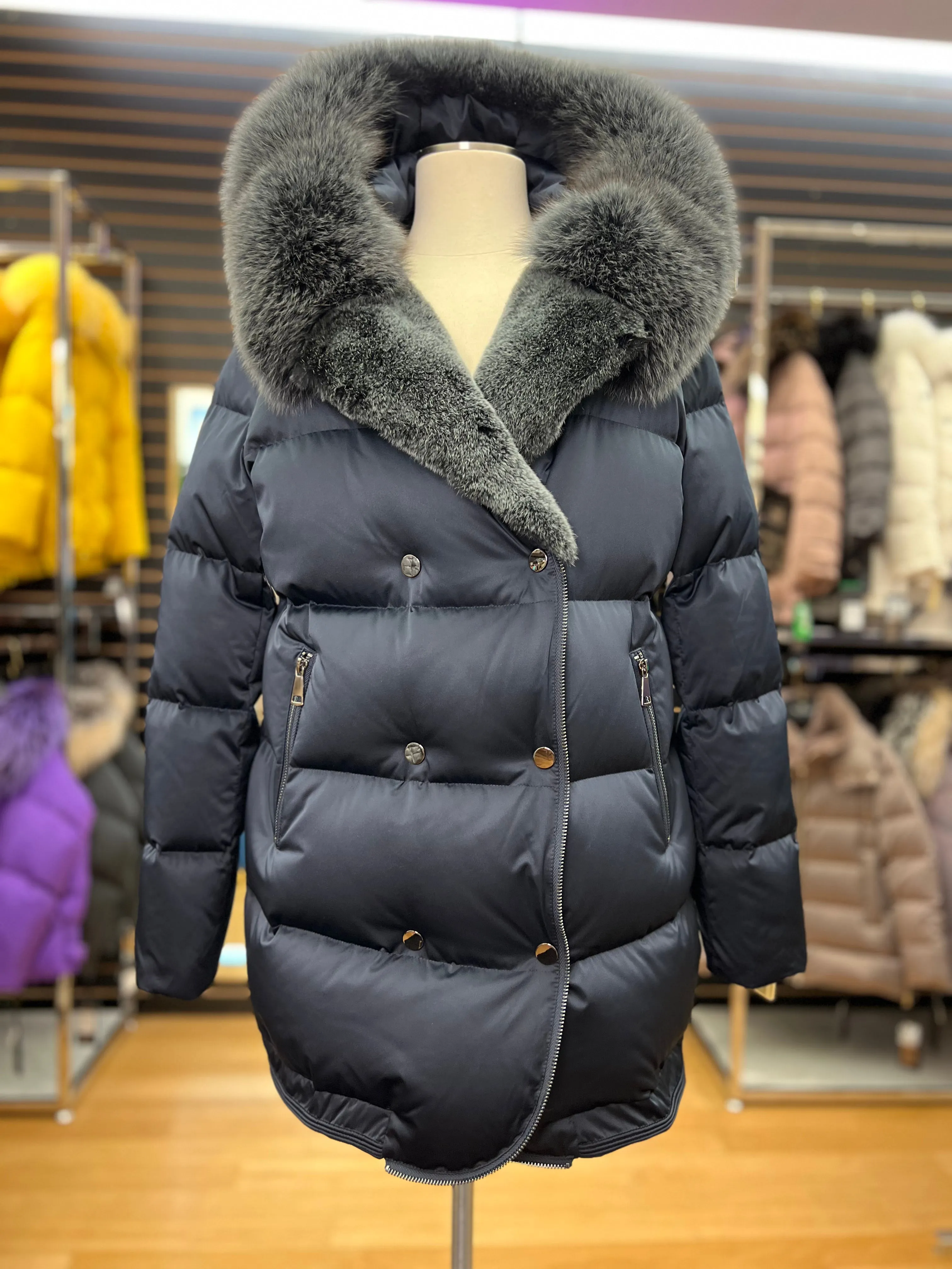 Genuine Silver Fox and Rex Rabbit Fur Down Fill Coat