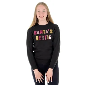 Girls Santas Bestie Christmas Jumper Gold Pink Sequins