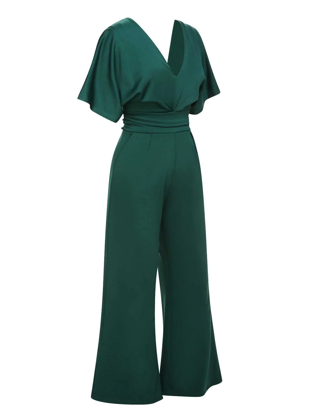 Green 1960s V-Neck High Waist Wide-Leg Jumpsuit