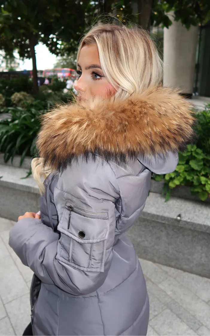 Grey/Natural Fur Luxury Fur Padded Belted Coat