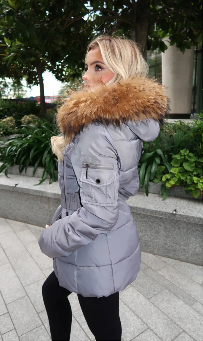 Grey/Natural Fur Luxury Fur Padded Belted Coat