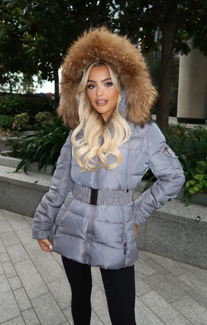 Grey/Natural Fur Luxury Fur Padded Belted Coat