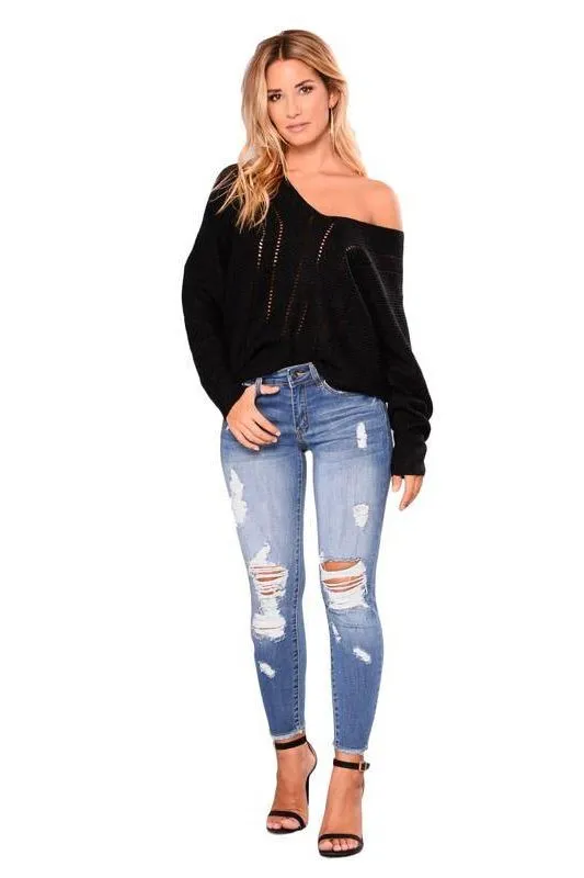 High Waist Jeans with Ripped Hips