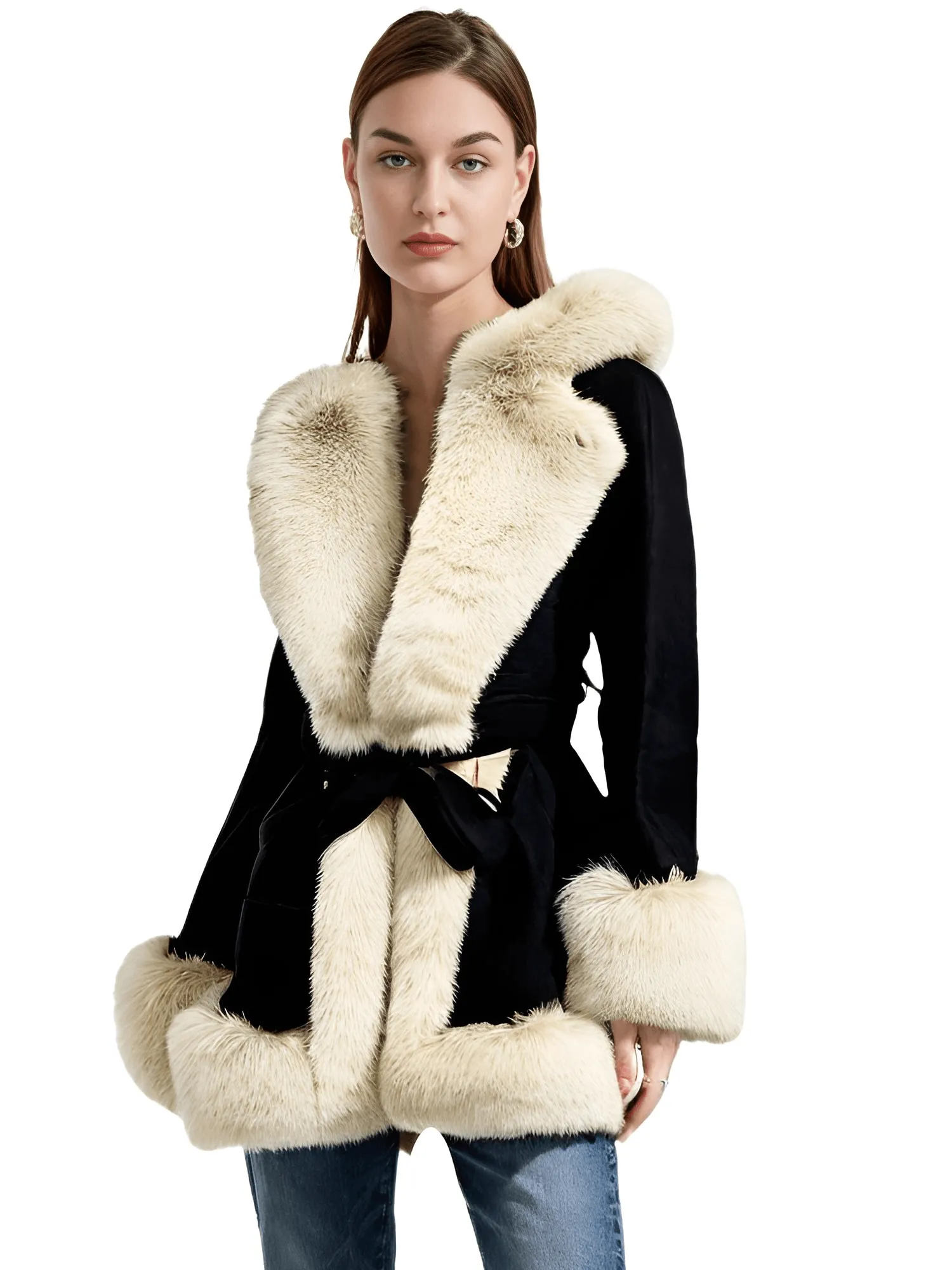 Hooded Fur Coats For Women With Belt and Fur Lining Inside