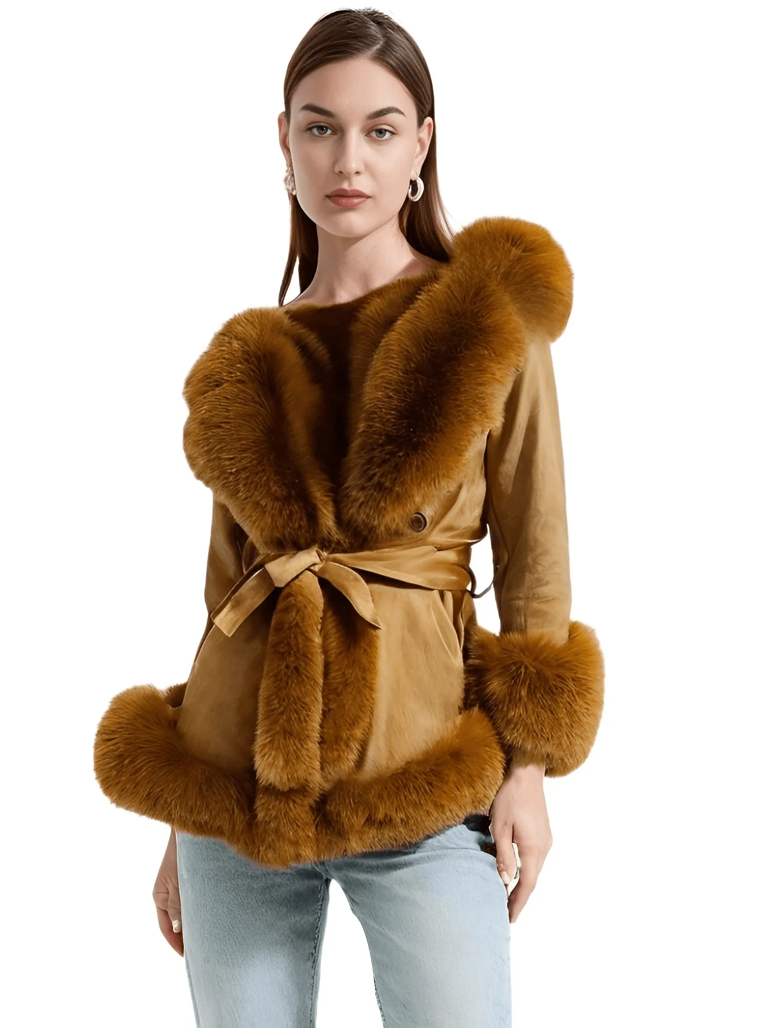 Hooded Fur Coats For Women With Belt and Fur Lining Inside