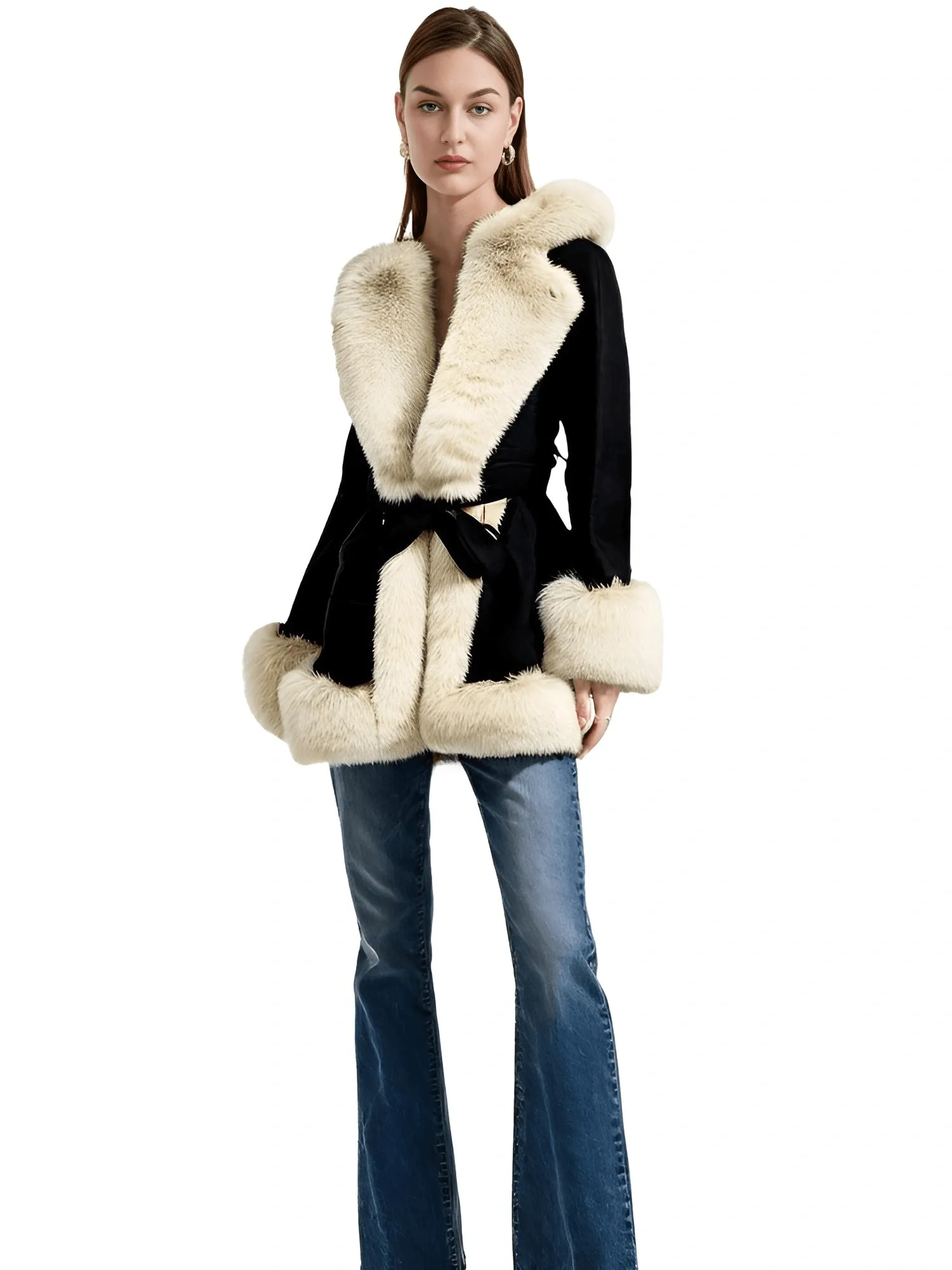 Hooded Fur Coats For Women With Belt and Fur Lining Inside