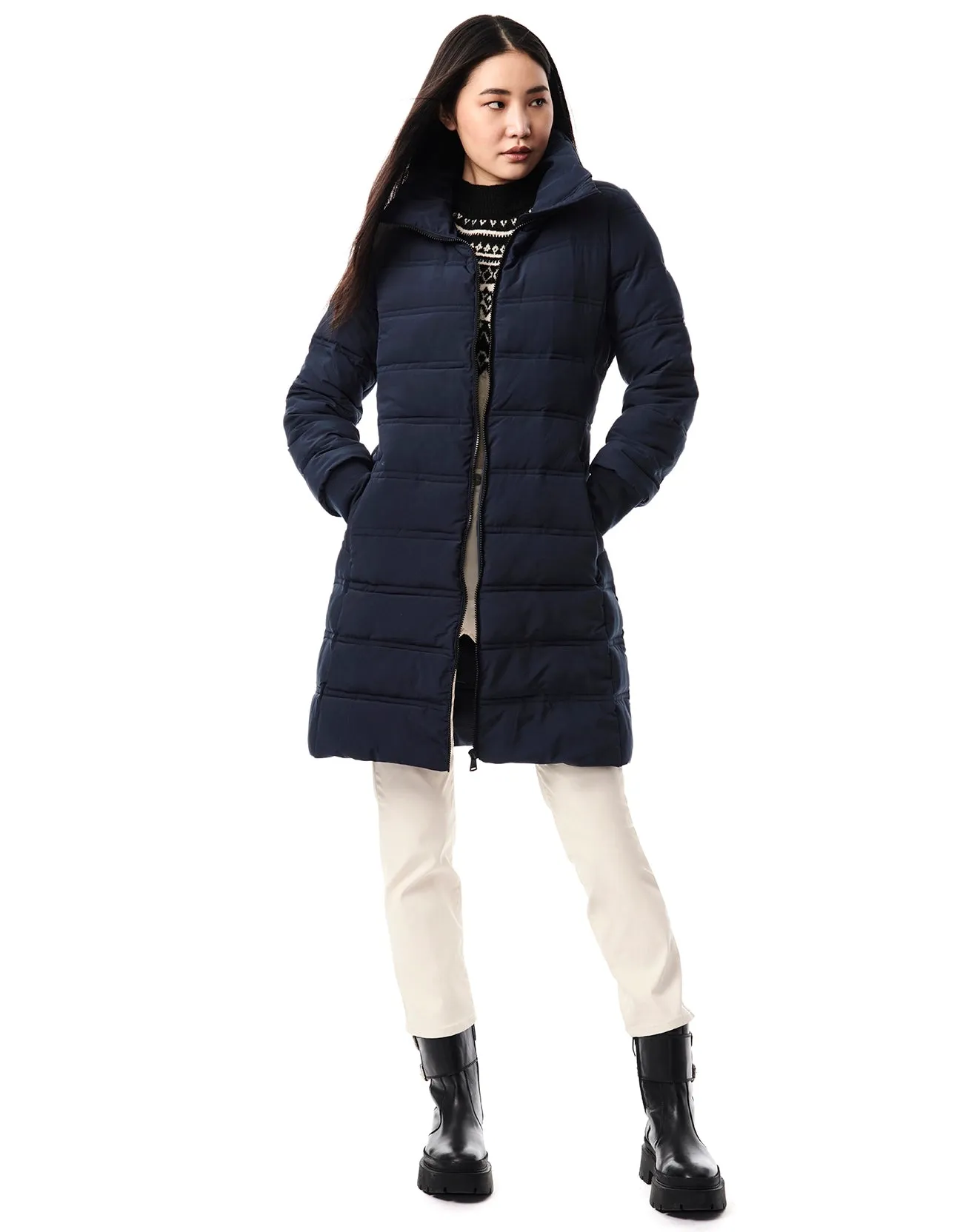 Horizontal Quilt Puffer Jacket - Navy