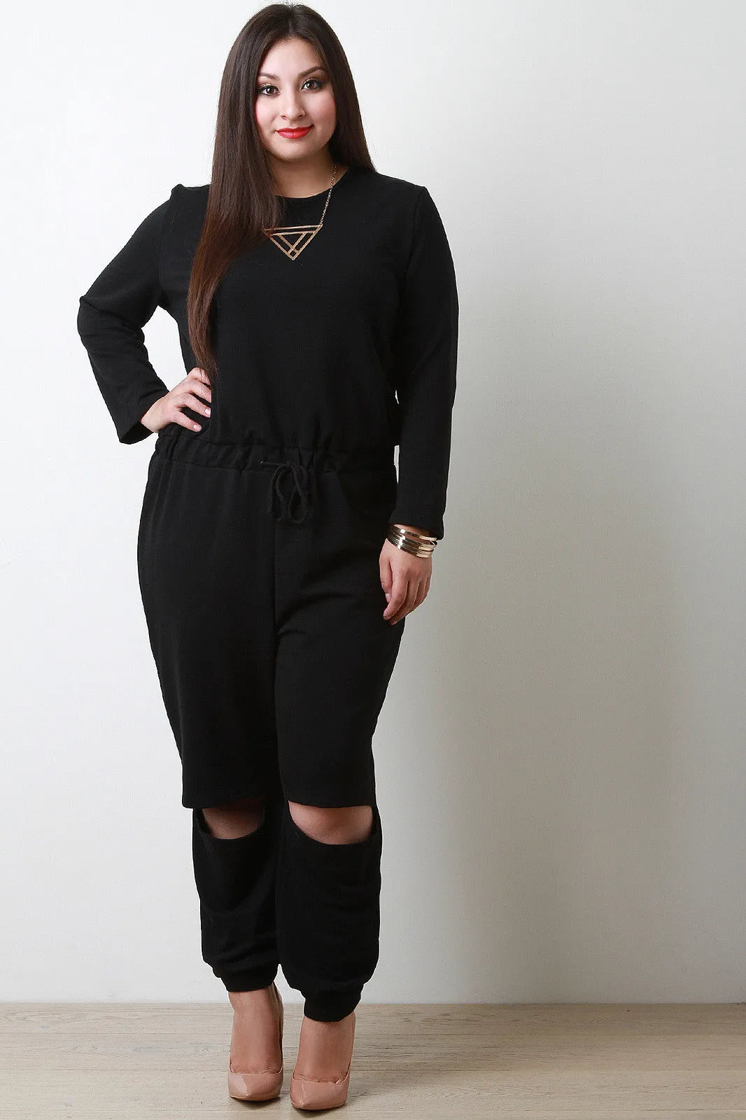 Knee Slit Sweatshirt Jumpsuit