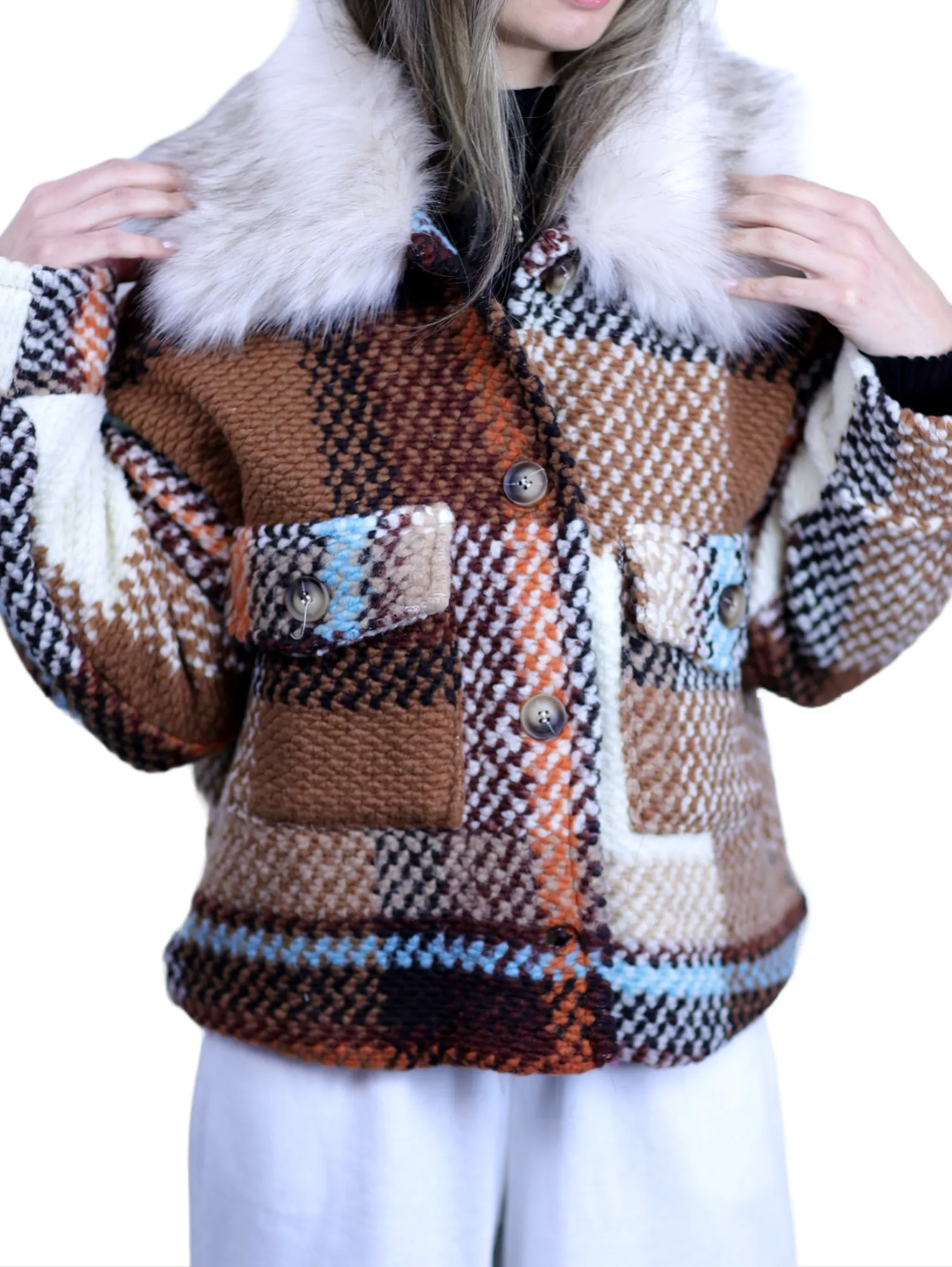 La Fiorentina Short Plaid Wool Jacket w/ Faux Fur Trim- Brown/Ivory