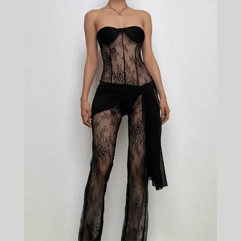 Lace see through solid self tie irregular backless tube jumpsuit