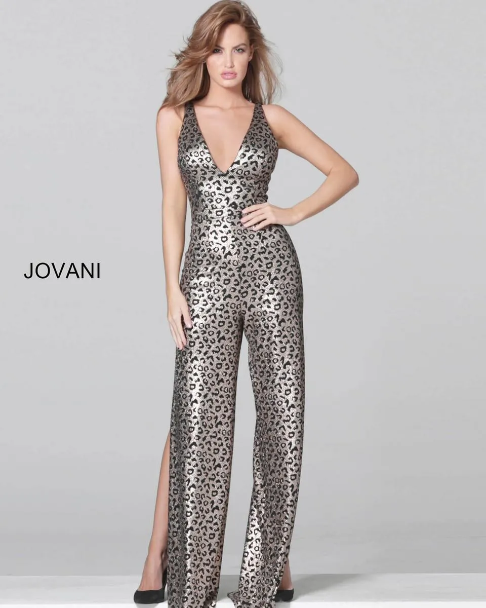 Leopard Print Sleeveless Slit Jumpsuit by Jovani 8112