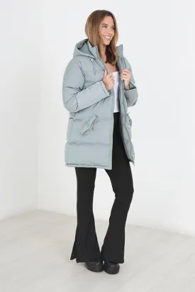 LIGHT SAGE ZIP THROUGH LONGER LENGTH PADDED JACKET