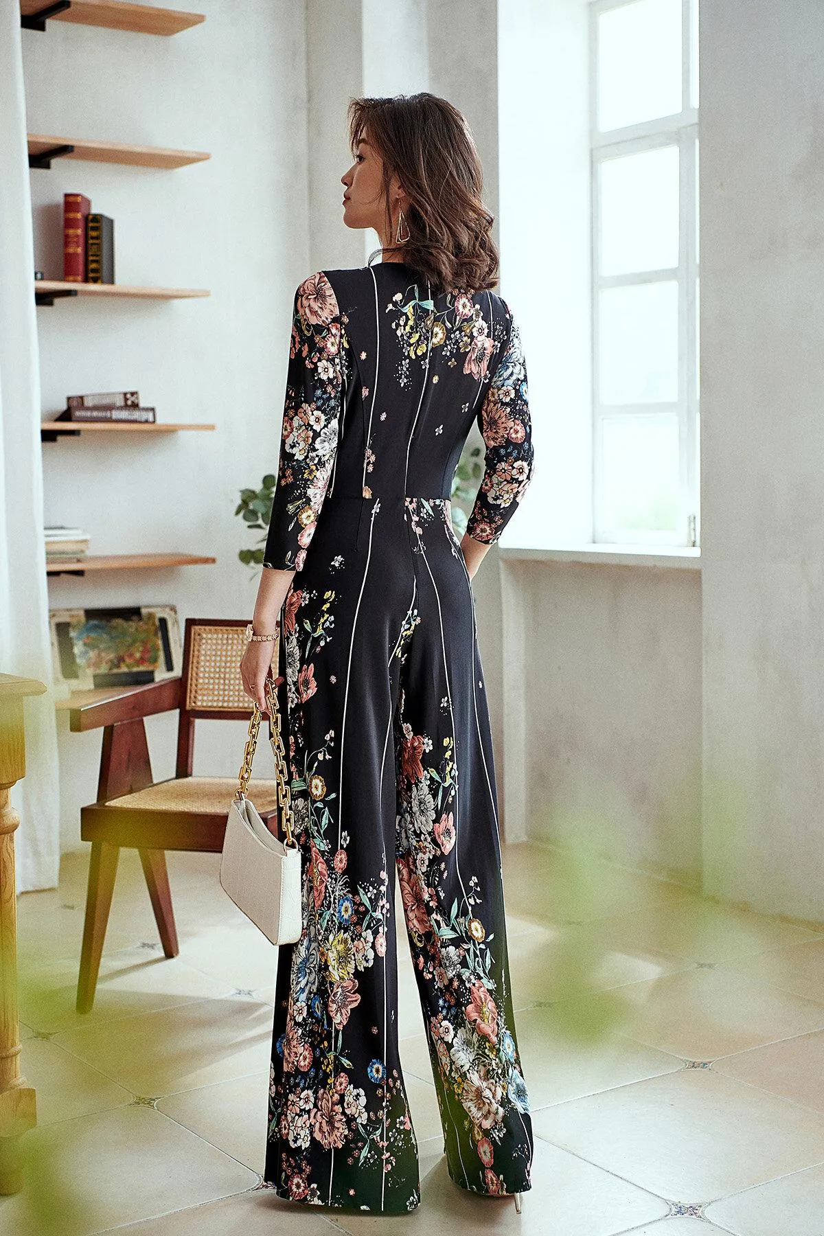 Limited edition long sleeve round neck retro stretch autumn flower print elastic vintage wide leg jumpsuit - Biadi s