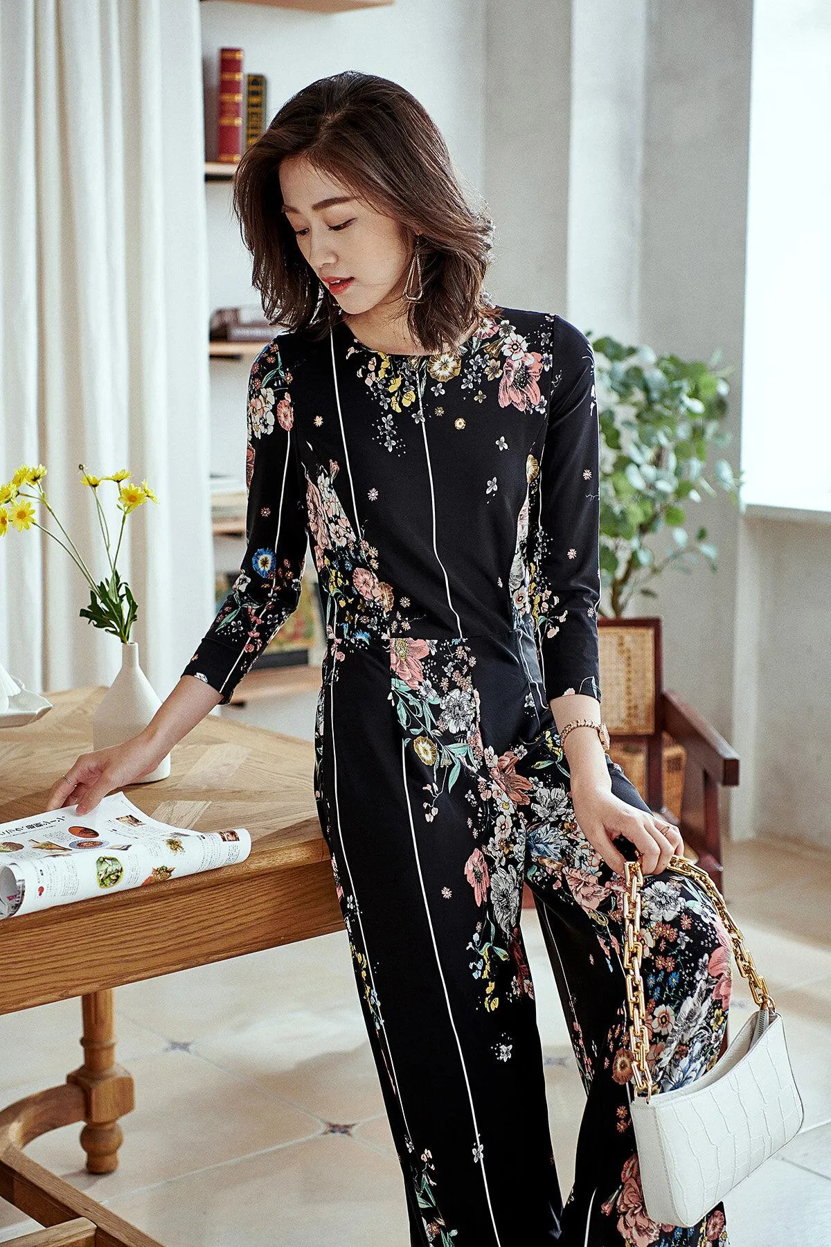 Limited edition long sleeve round neck retro stretch autumn flower print elastic vintage wide leg jumpsuit - Biadi s