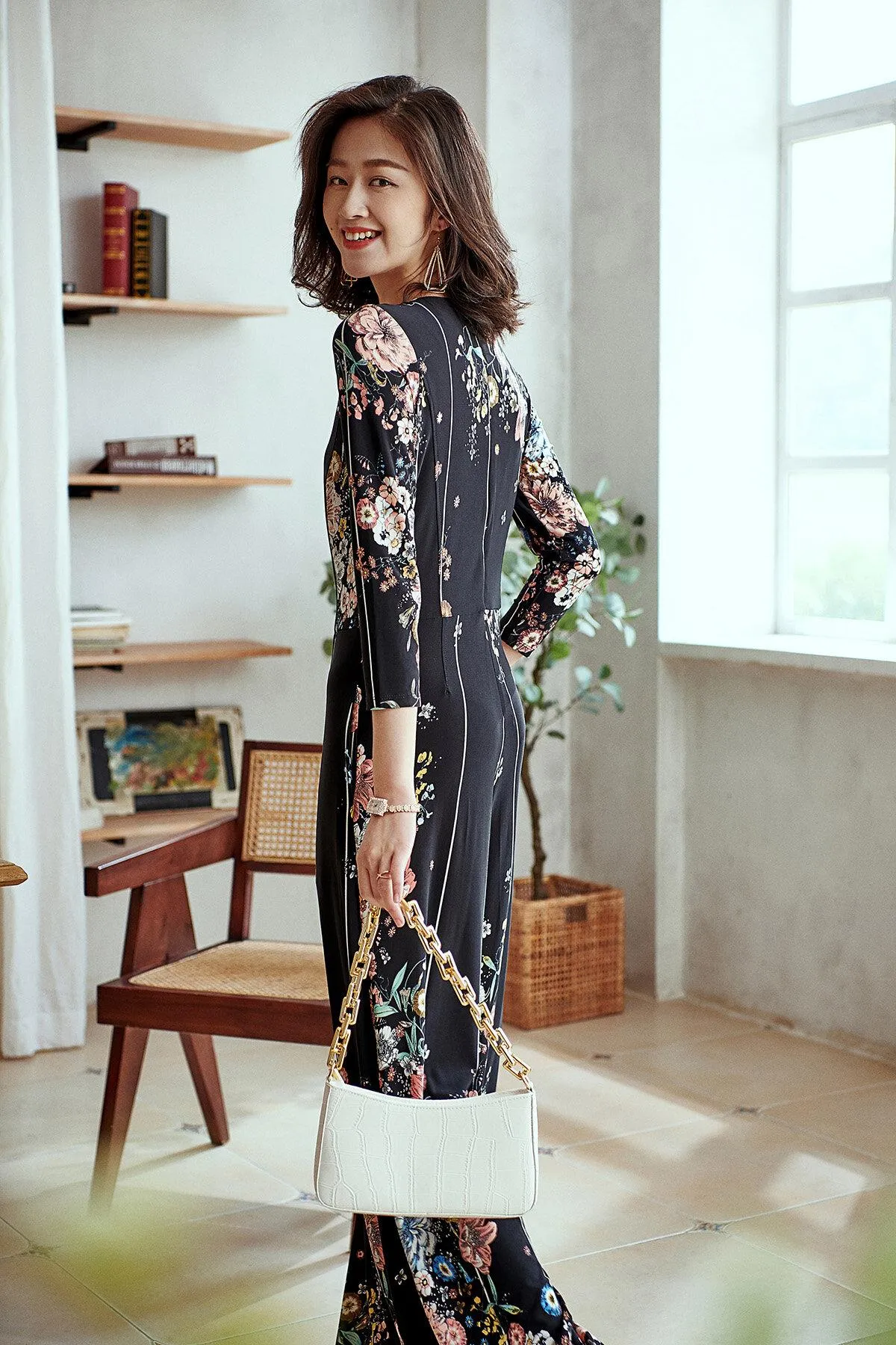 Limited edition long sleeve round neck retro stretch autumn flower print elastic vintage wide leg jumpsuit - Biadi s