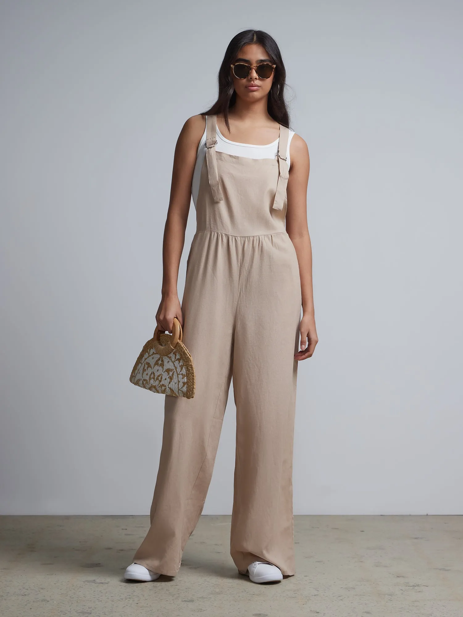 Linen-Blend Overall Jumpsuit