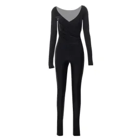 Long sleeve gloves solid v neck ruched jumpsuit