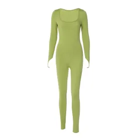 Long sleeve solid u neck slit jumpsuit- Final Sale