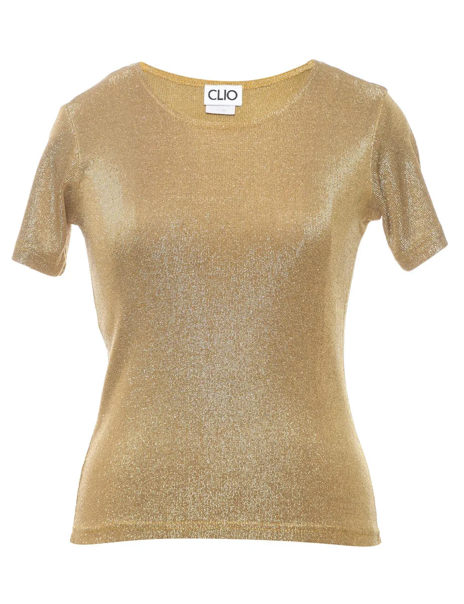 Lurex Thread Pattern Gold Short-Sleeve Jumper - M