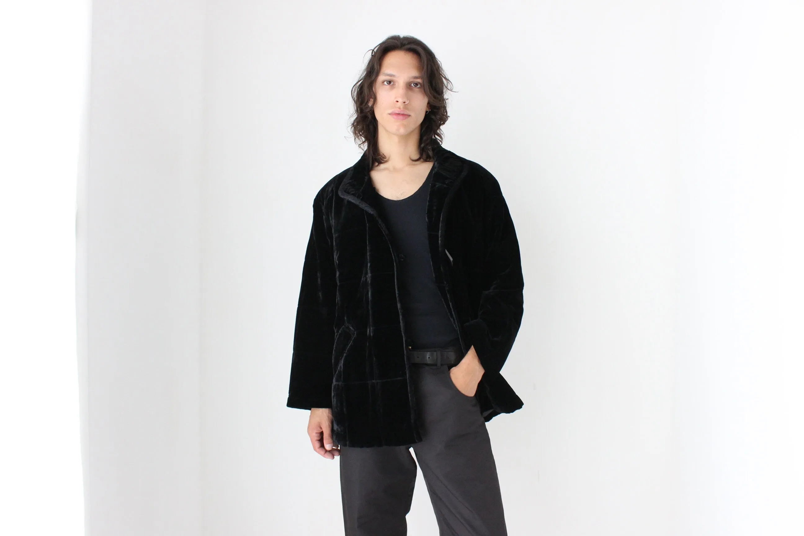 Luxury 80s PURE SILK VELVET Quilted Puffer Bomber Jacket in Jet Black