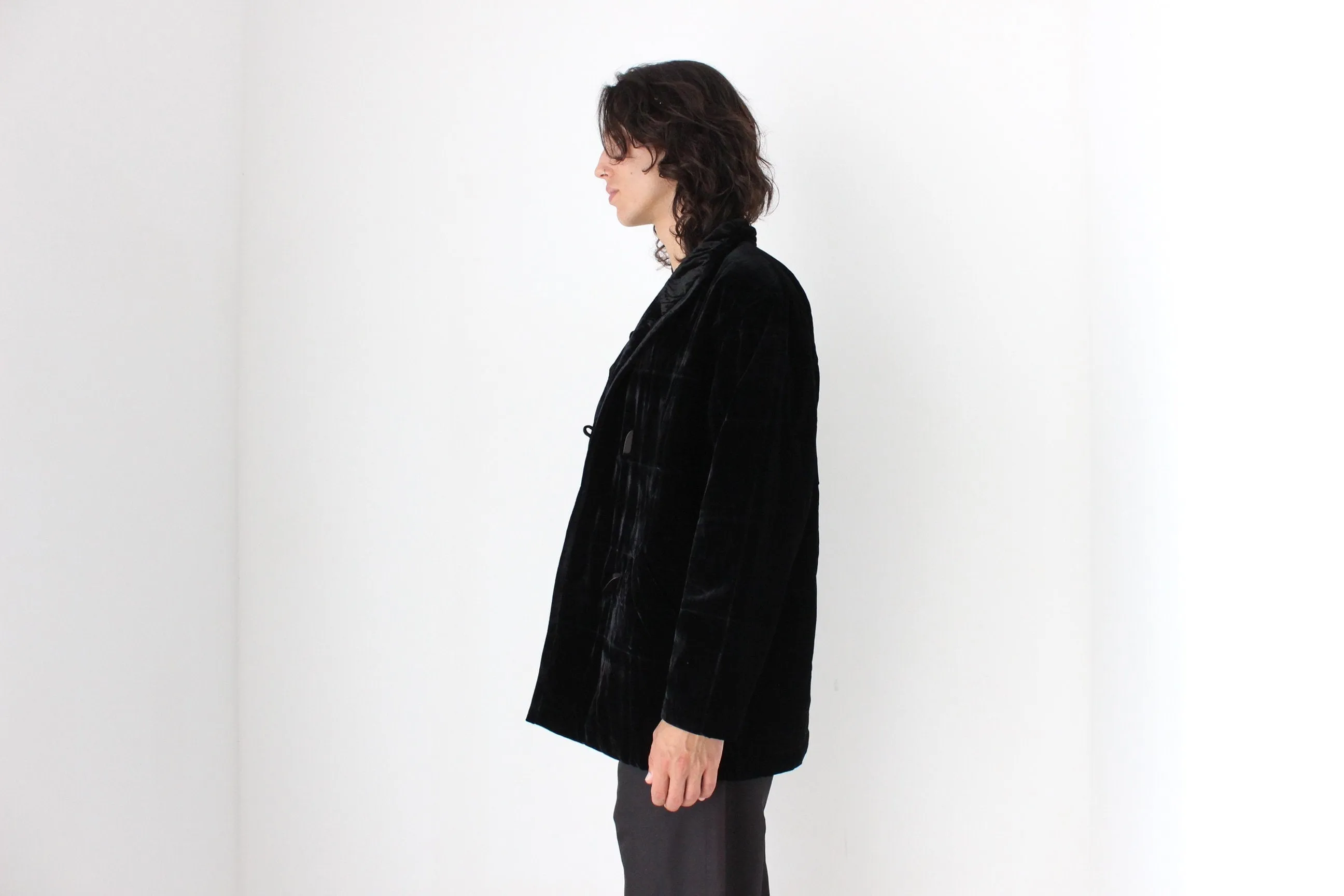 Luxury 80s PURE SILK VELVET Quilted Puffer Bomber Jacket in Jet Black