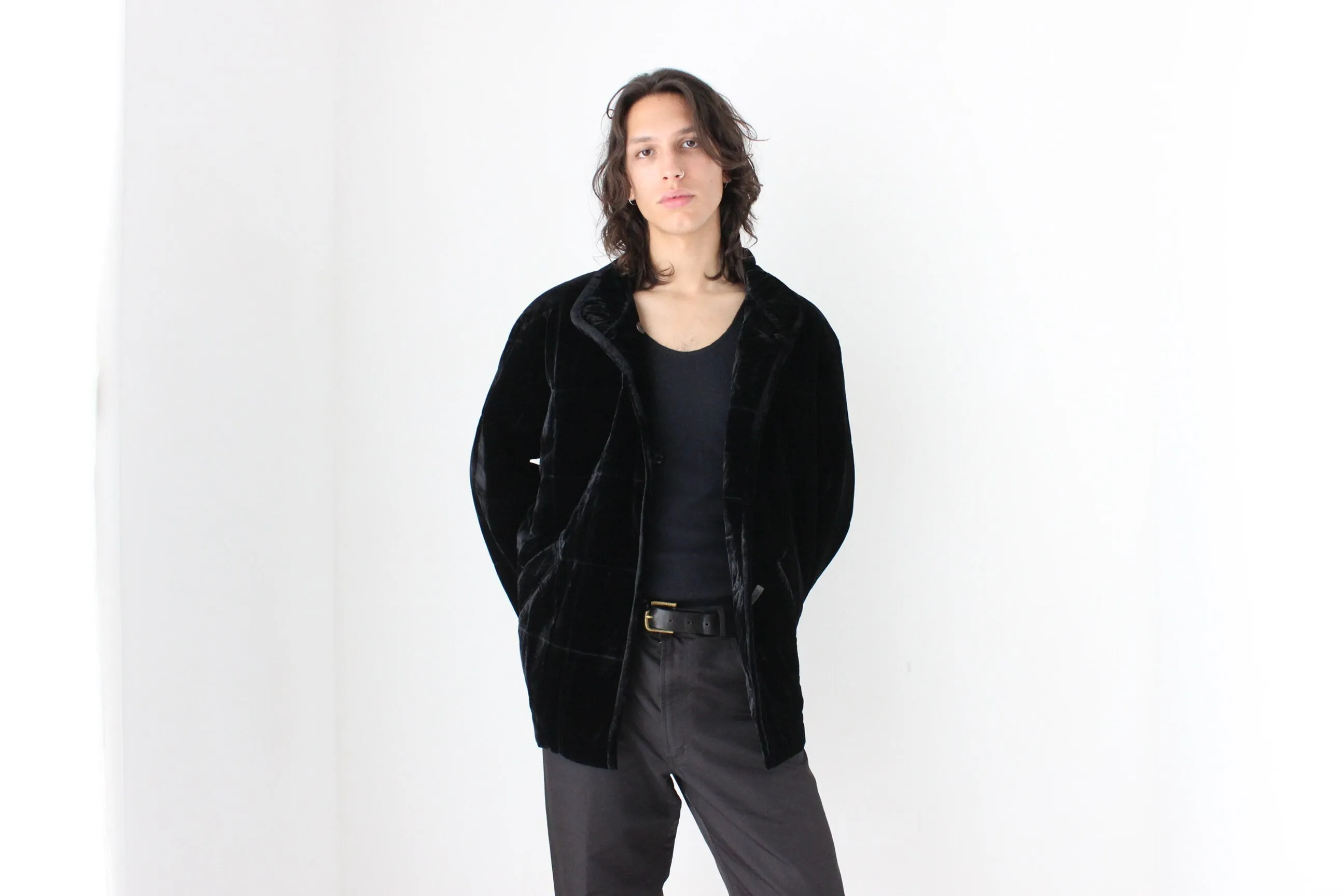 Luxury 80s PURE SILK VELVET Quilted Puffer Bomber Jacket in Jet Black