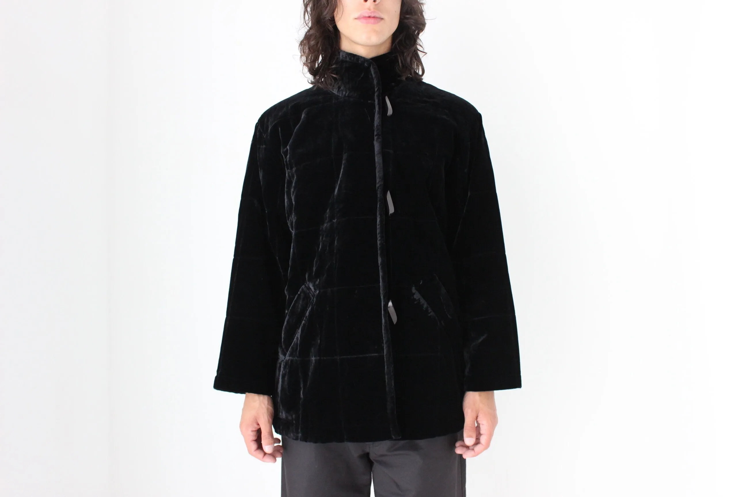 Luxury 80s PURE SILK VELVET Quilted Puffer Bomber Jacket in Jet Black