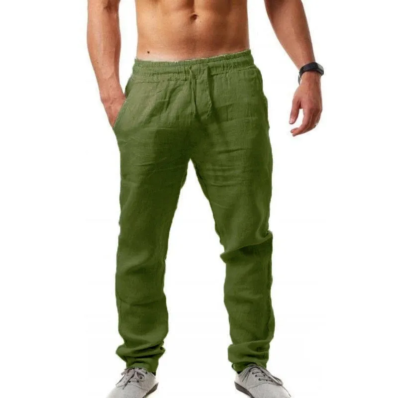 Men Cotton Linen Trousers Joggers Casual Solid Elastic Waist Straight Loose Sports Running Pants