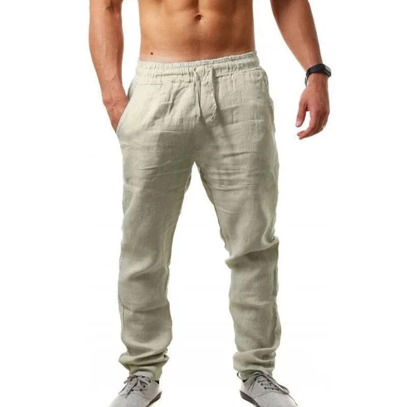 Men Cotton Linen Trousers Joggers Casual Solid Elastic Waist Straight Loose Sports Running Pants