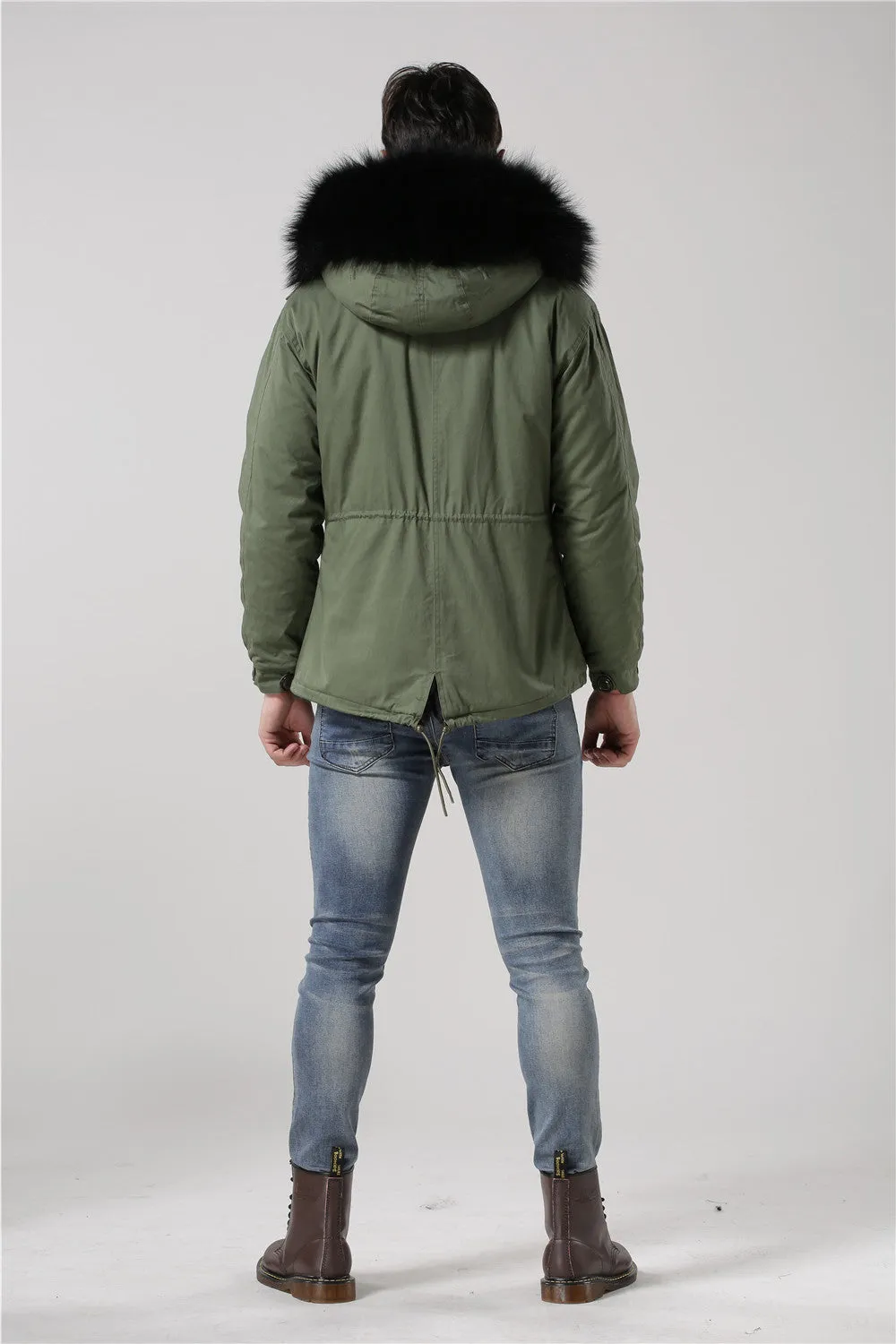 Men's Black Fur Convertible Green Parka - Short