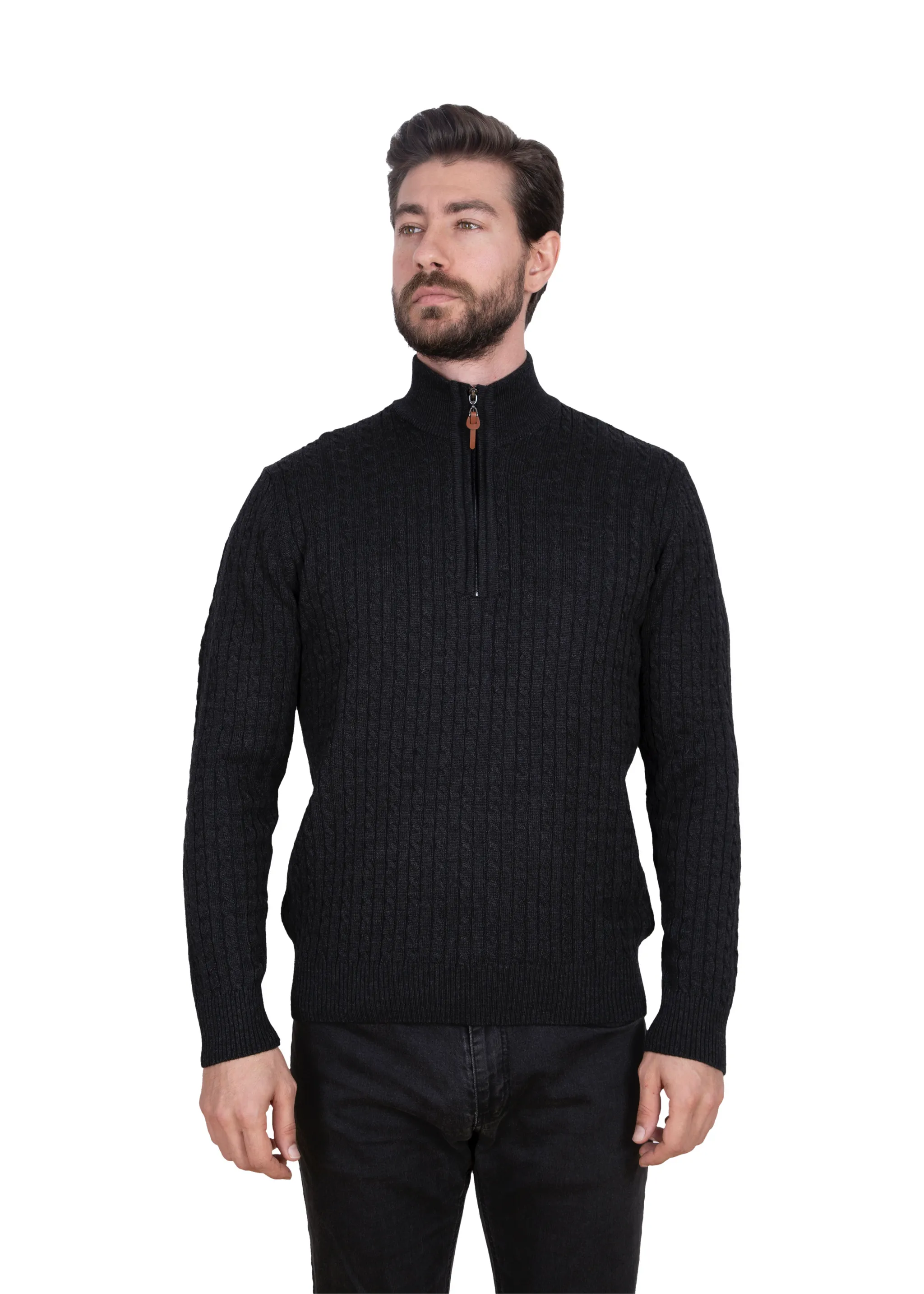 Men's Charcoal Mildura Wool Cable Knit Quarter-Zip Jumper