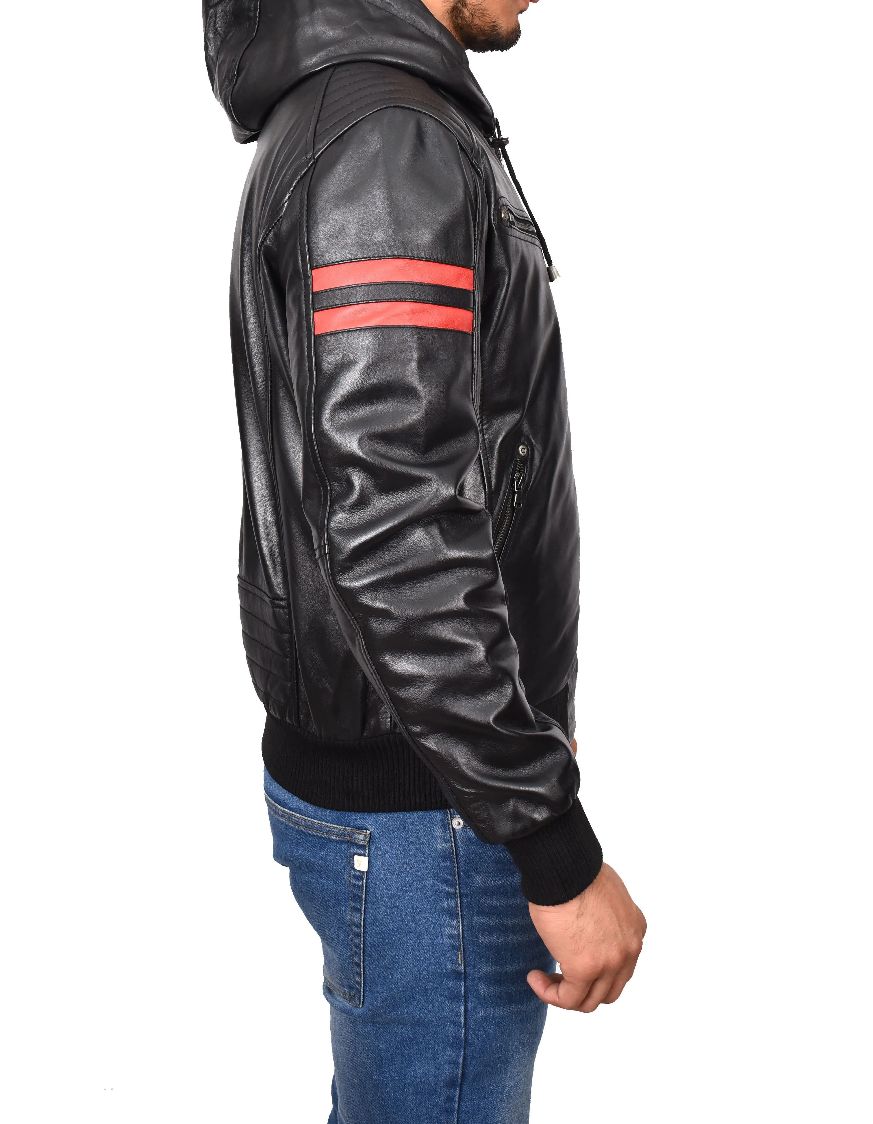 Men's Genuine Leather Hooded Bomber Jacket Black Viggo