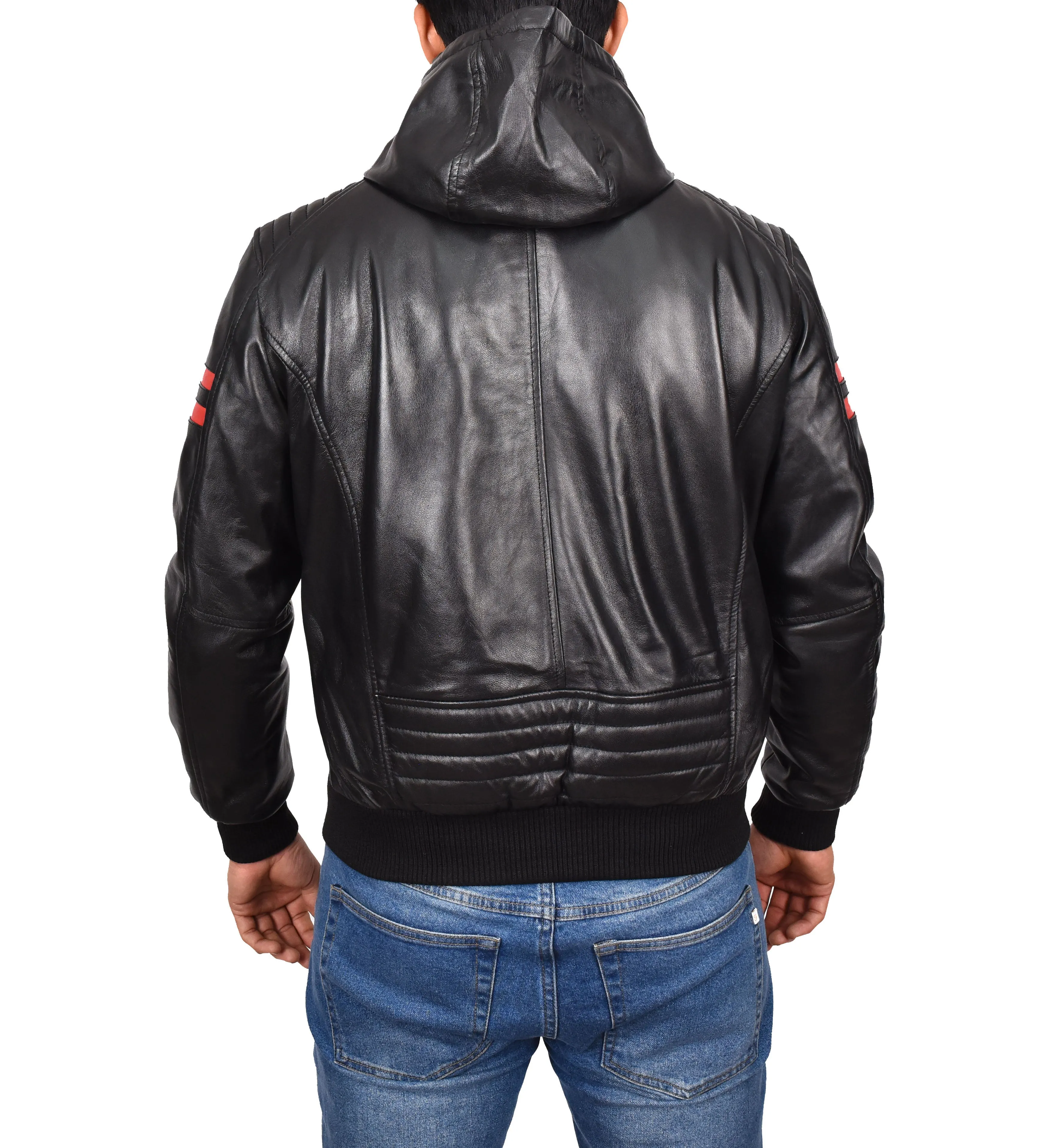 Men's Genuine Leather Hooded Bomber Jacket Black Viggo