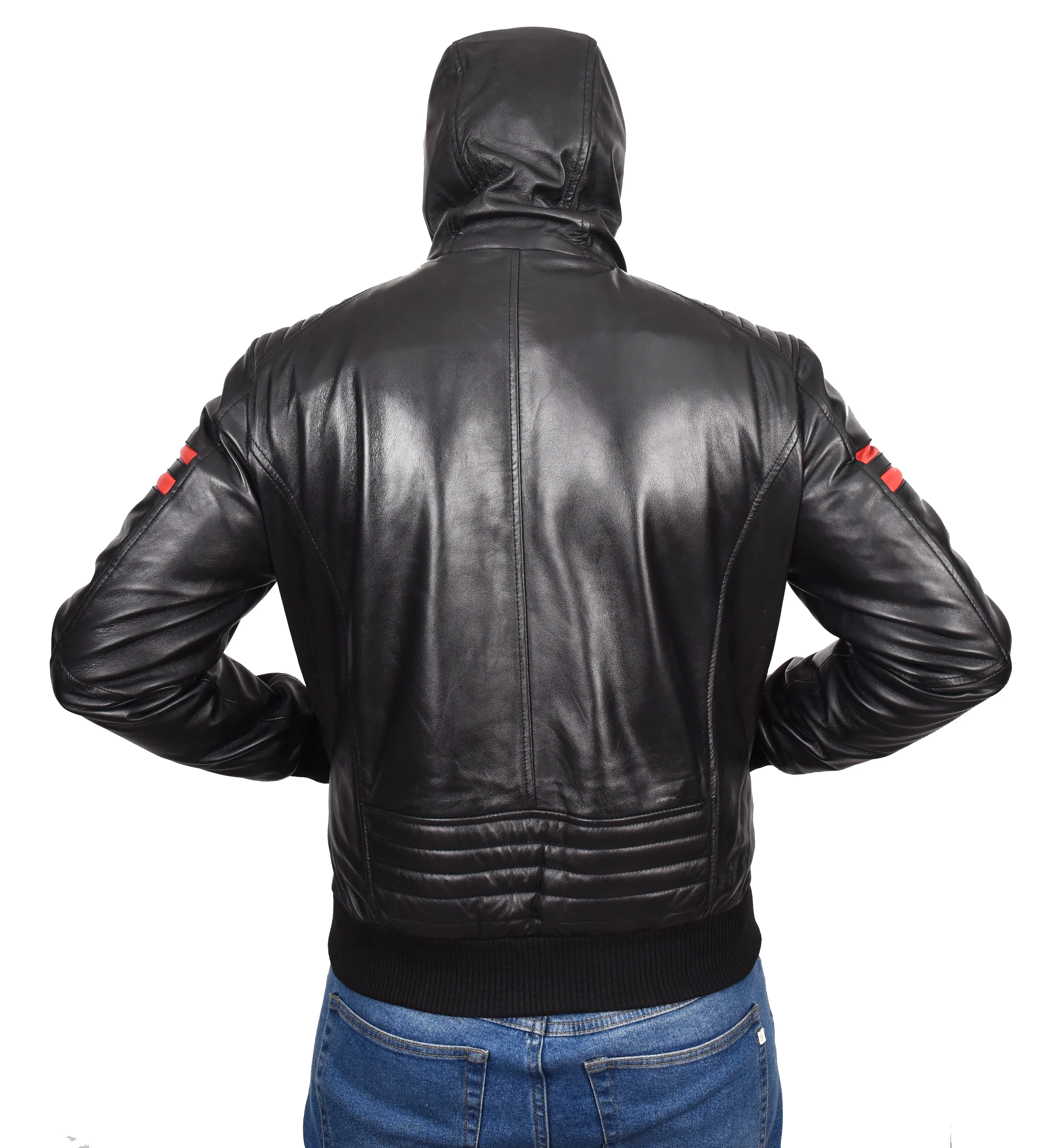 Men's Genuine Leather Hooded Bomber Jacket Black Viggo