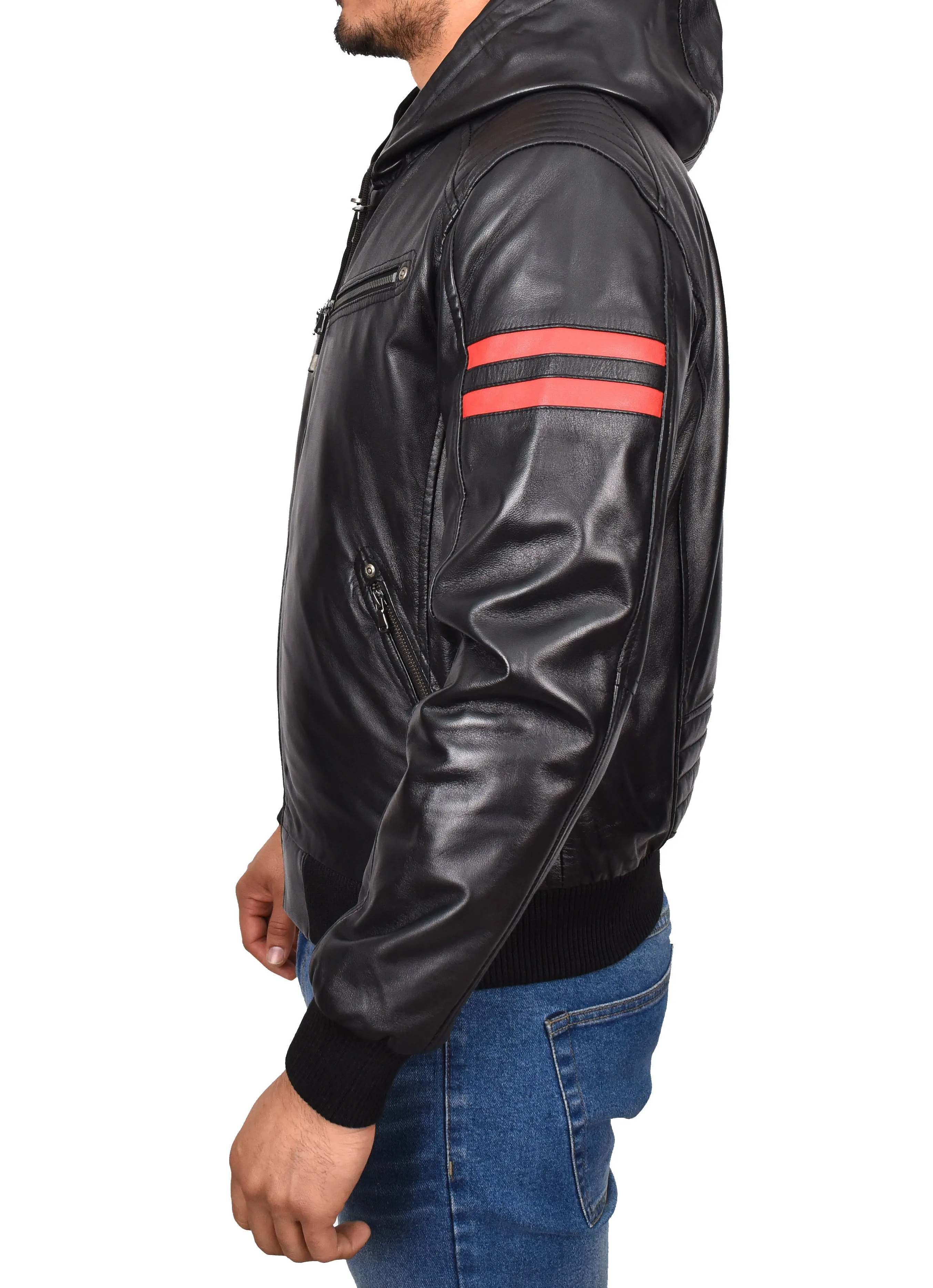 Men's Genuine Leather Hooded Bomber Jacket Black Viggo