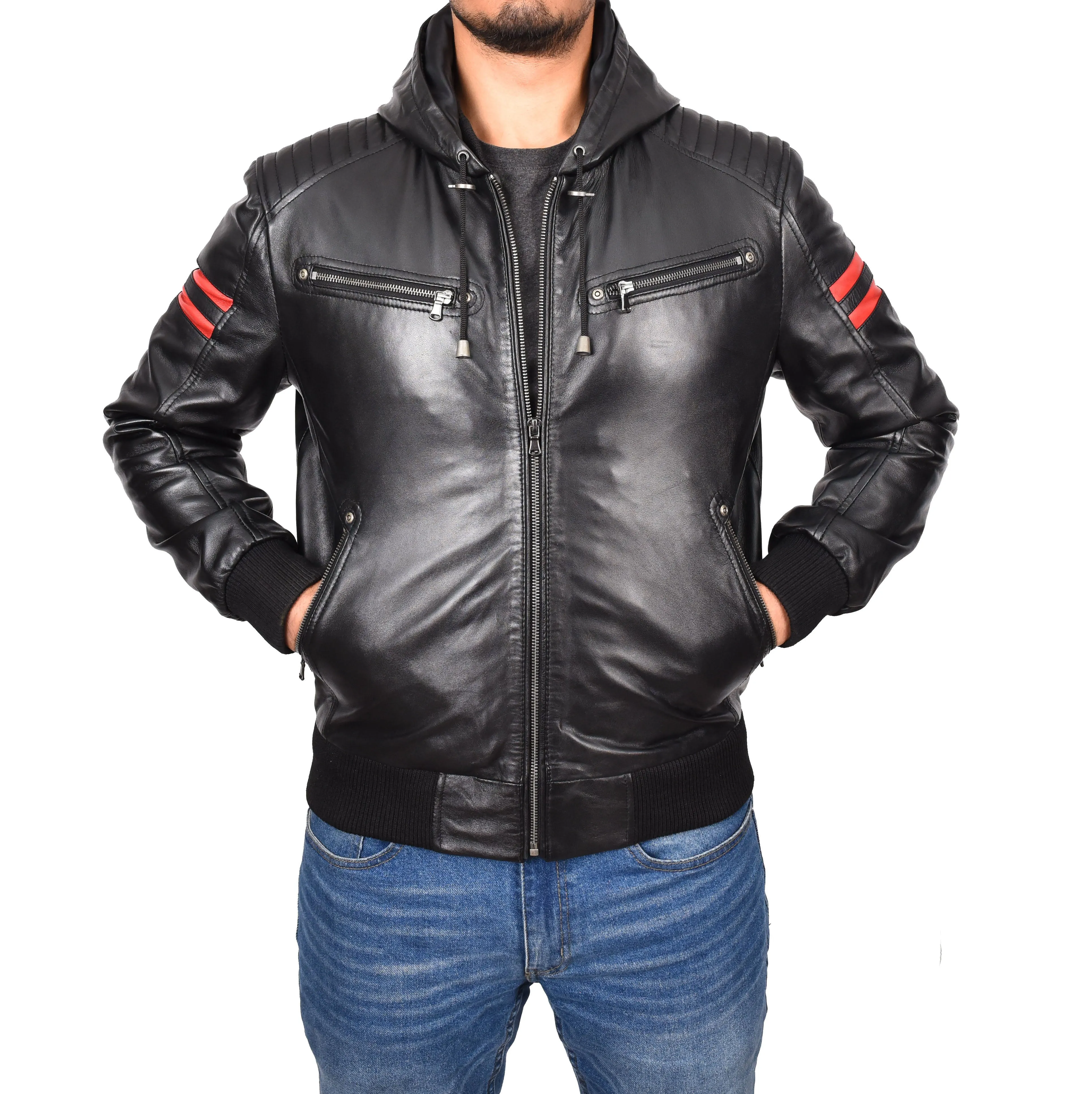 Men's Genuine Leather Hooded Bomber Jacket Black Viggo