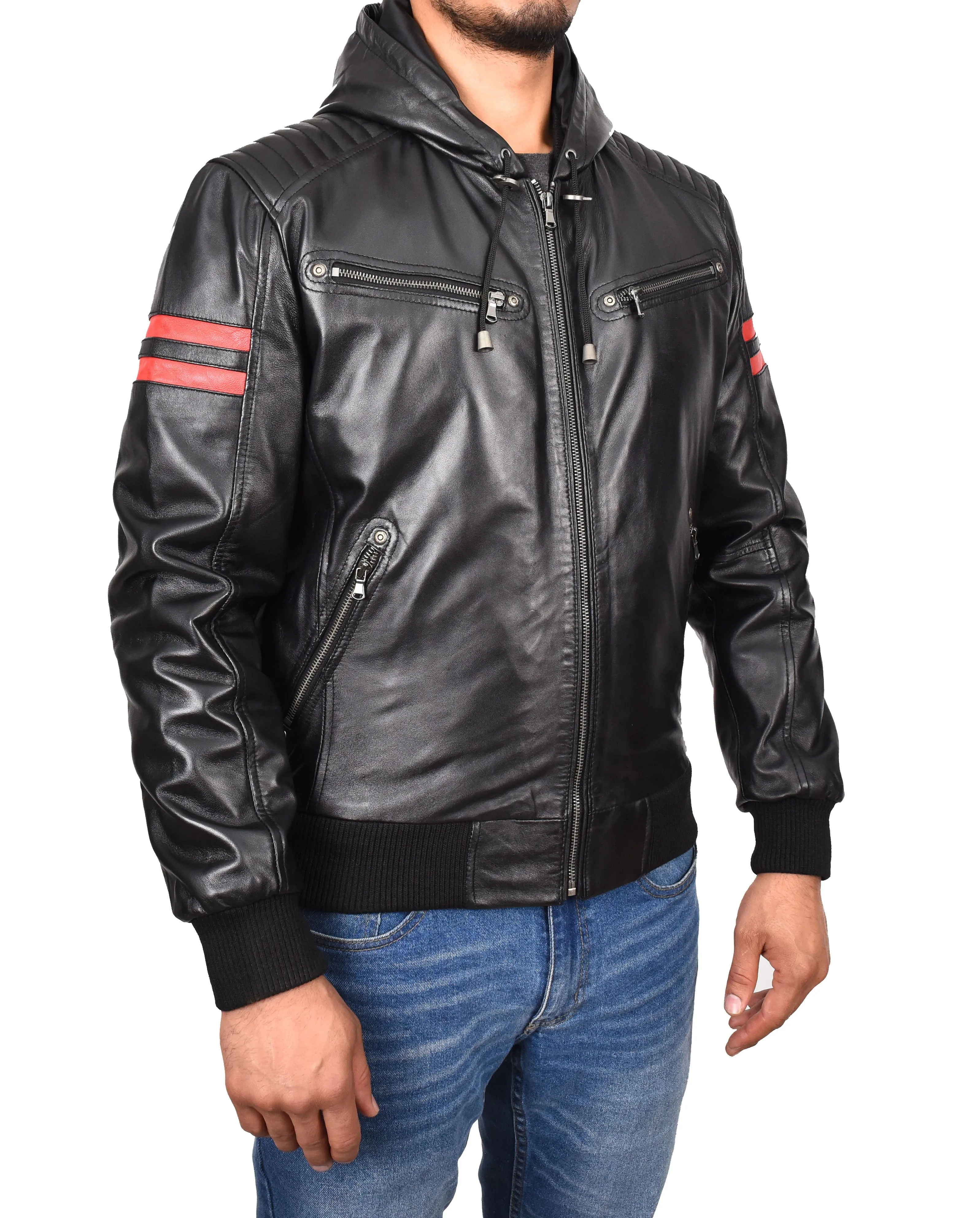 Men's Genuine Leather Hooded Bomber Jacket Black Viggo