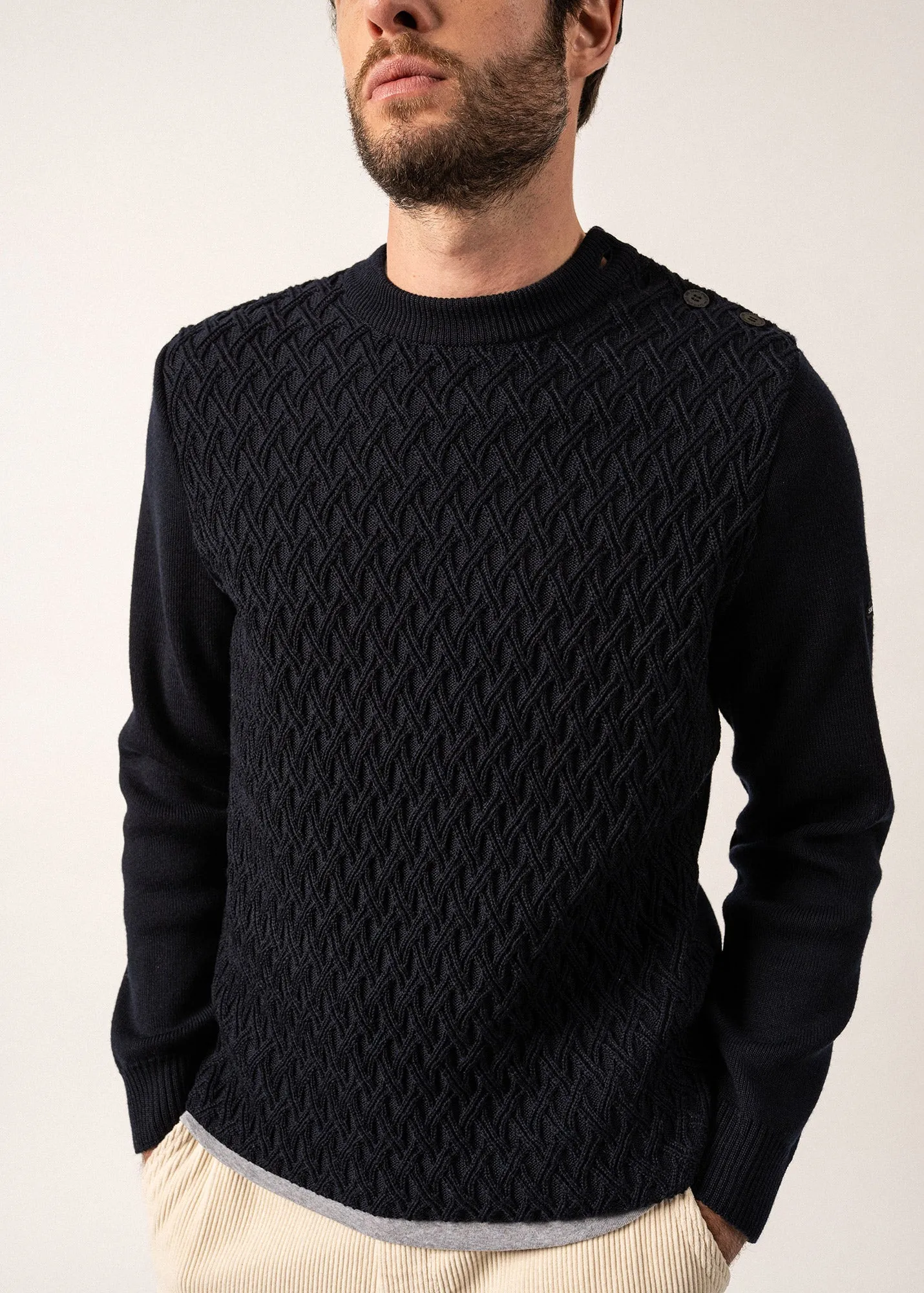 Moirans Wool Sailor Jumper - with structured knit details (NAVY)